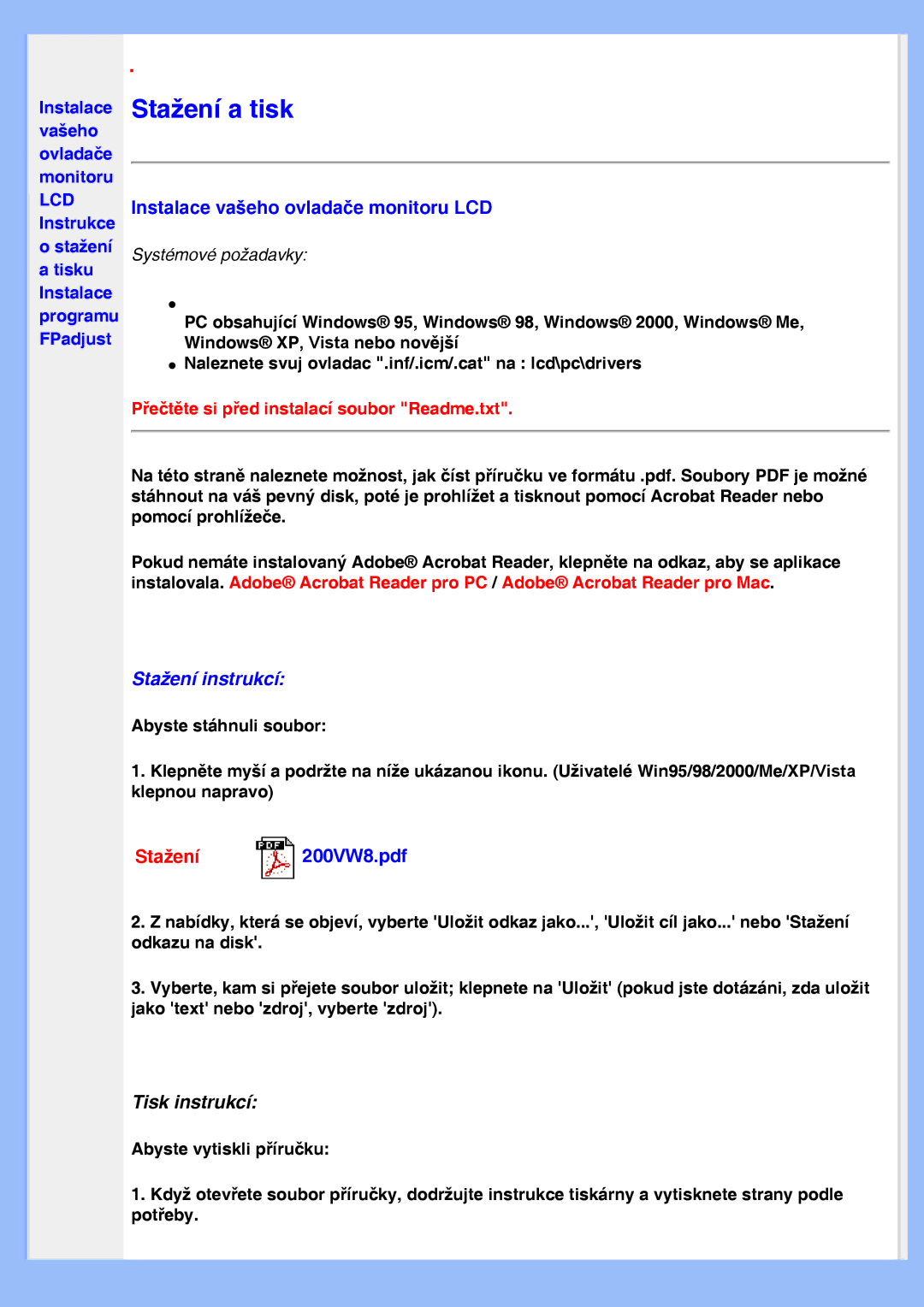 Philips 200VW8 user manual Instrukce, Programu FPadjust 