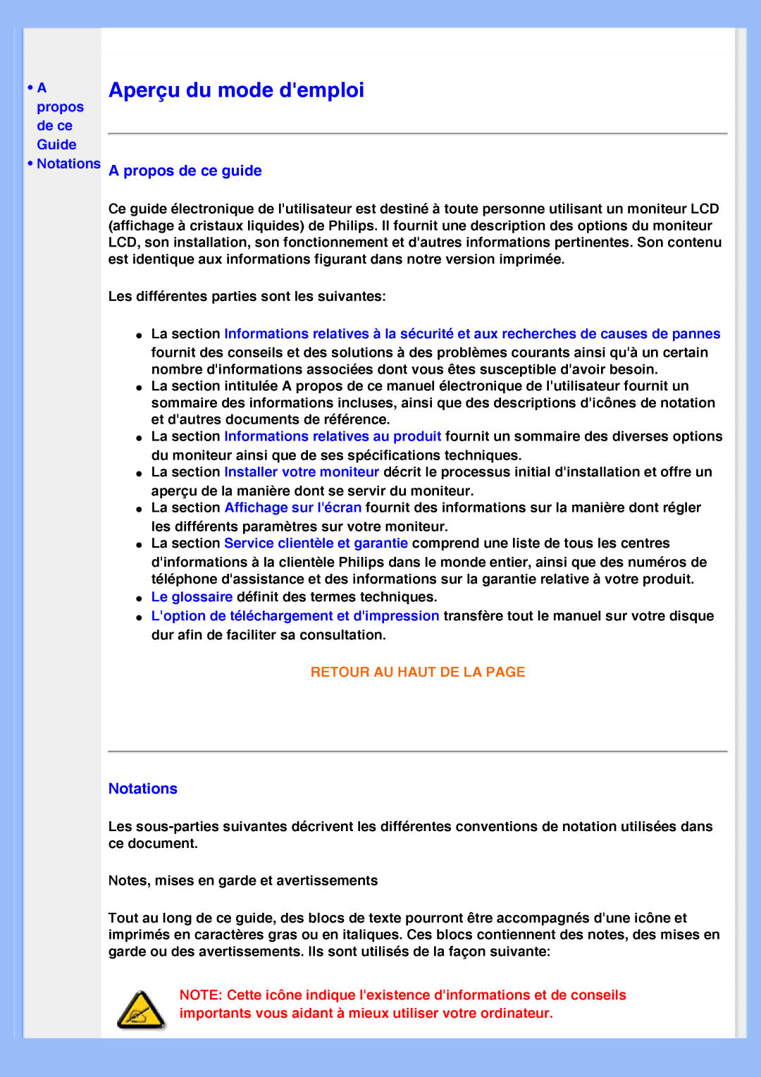 Philips 200VW8 user manual Aperçu du mode demploi, Propos de ce Guide Notations 