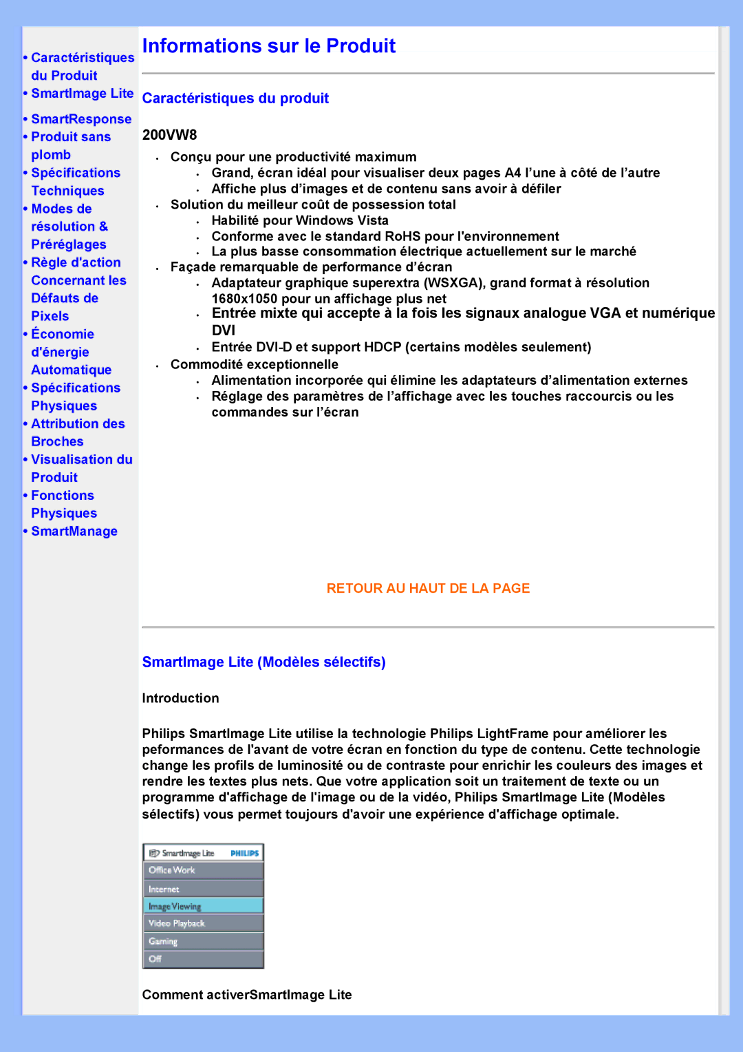 Philips 200VW8 user manual Caractéristiques du produit, SmartImage Lite Modèles sélectifs 