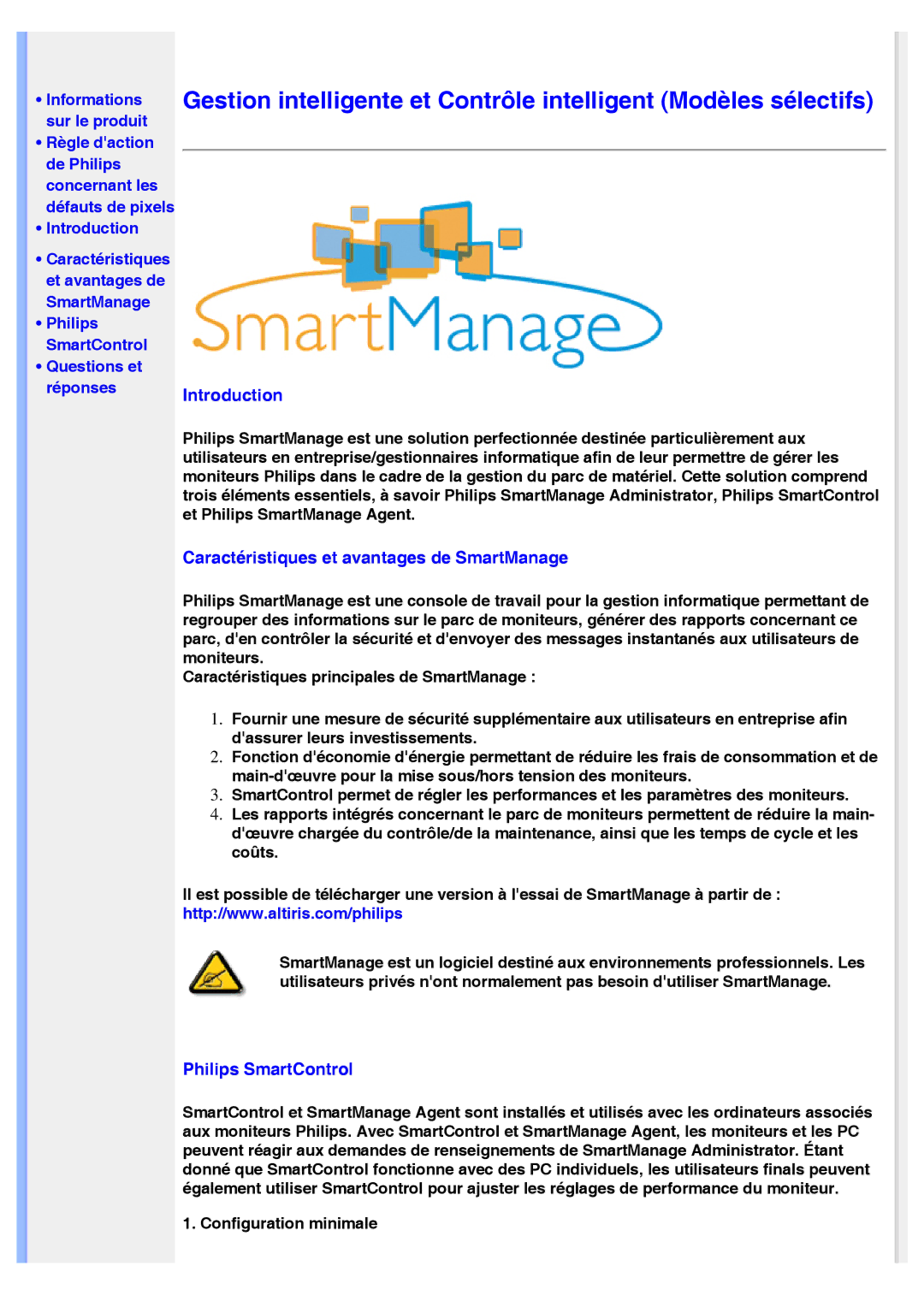 Philips 200VW8 user manual Introduction, Caractéristiques et avantages de SmartManage, Philips SmartControl 