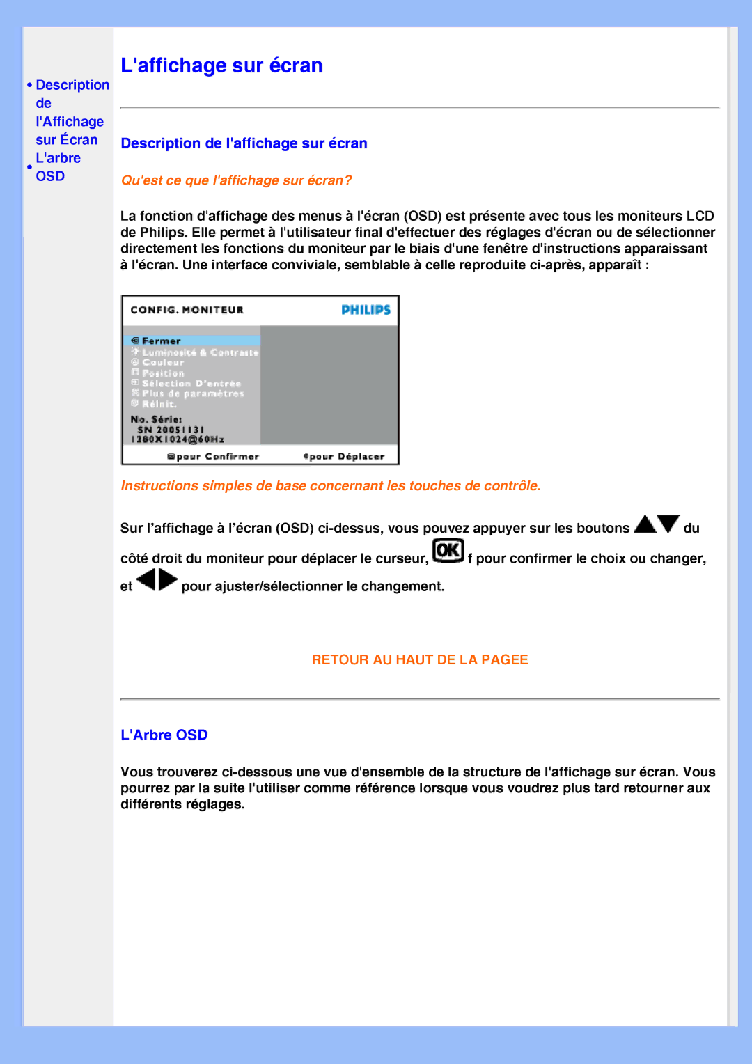 Philips 200VW8 user manual Description de laffichage sur écran, LArbre OSD 