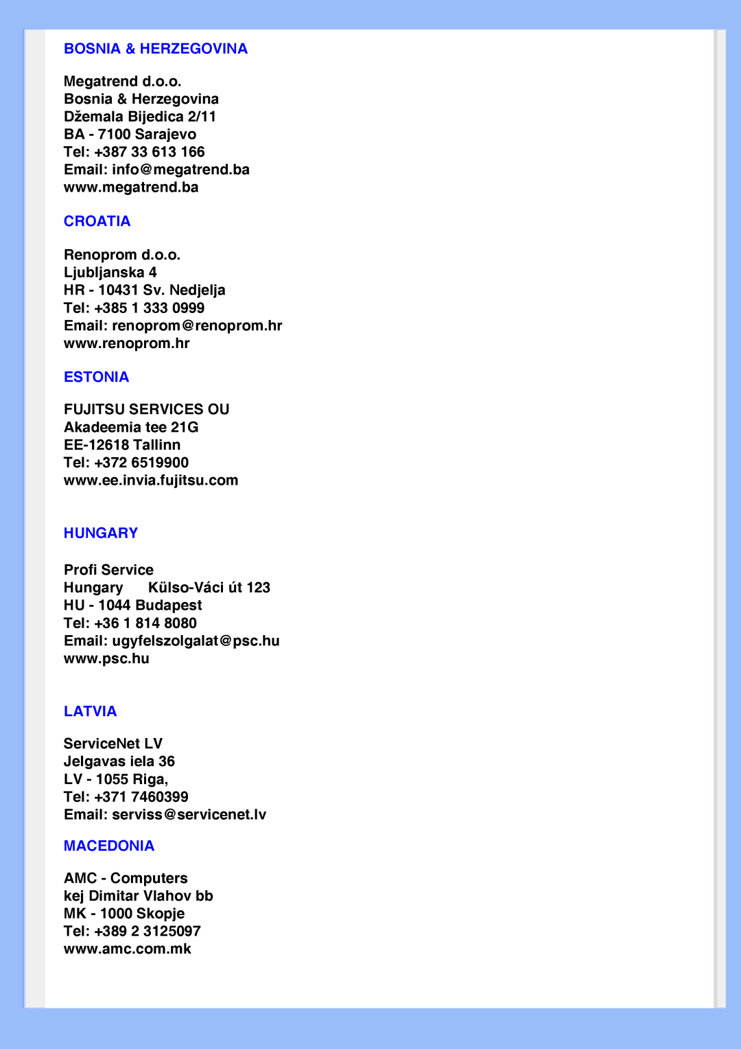 Philips 200VW8 user manual Bosnia & Herzegovina Croatia 