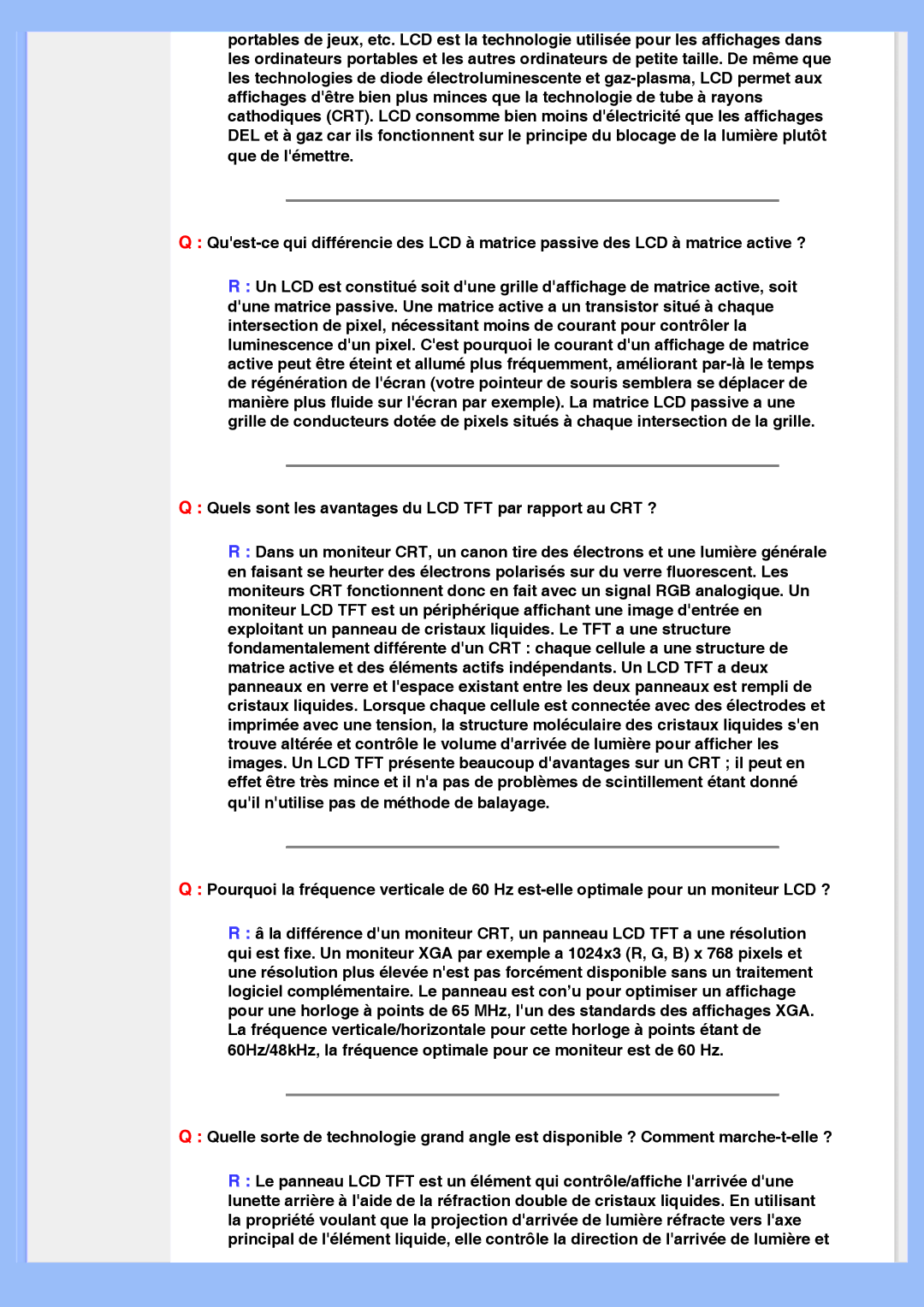 Philips 200VW8 user manual Quels sont les avantages du LCD TFT par rapport au CRT ? 