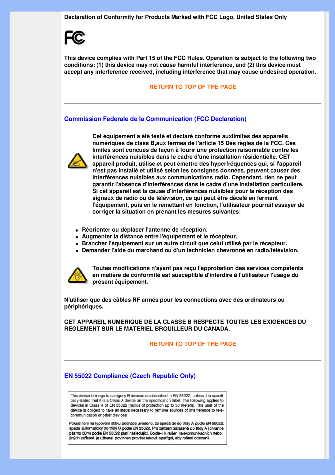 Philips 200VW8 user manual Commission Federale de la Communication FCC Declaration, EN 55022 Compliance Czech Republic Only 