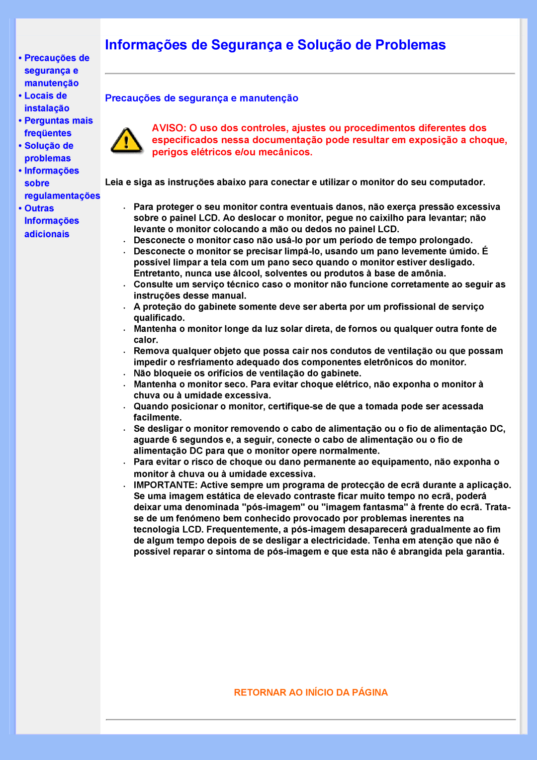 Philips 200VW8 user manual Precauções de segurança e manutenção, Locais de instalação 