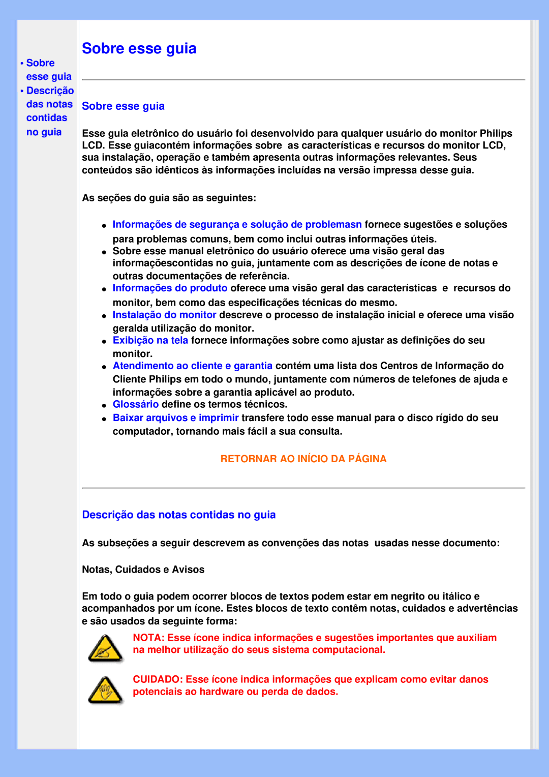 Philips 200VW8 user manual Sobre esse guia, Descrição das notas contidas no guia 