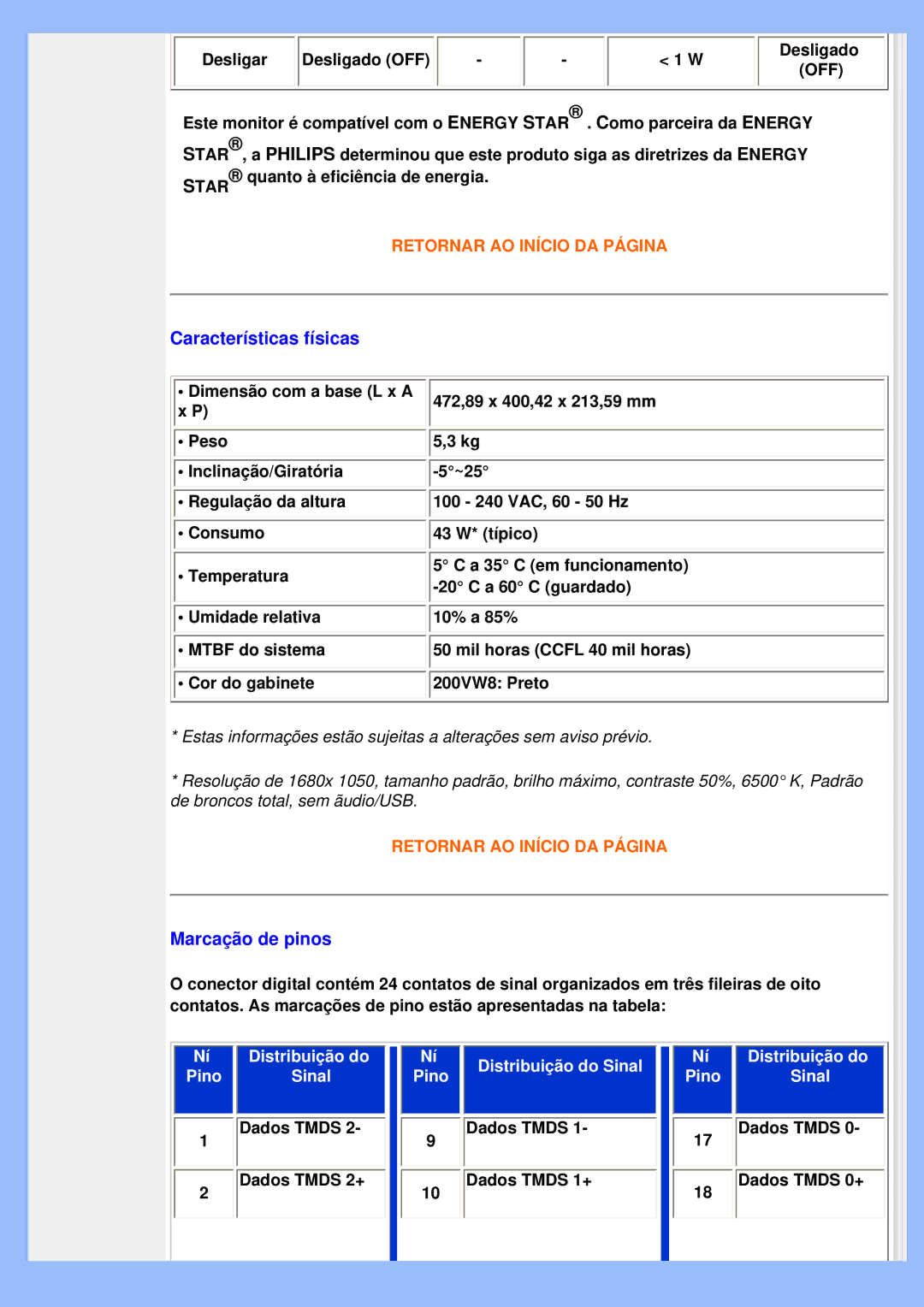 Philips 200VW8 user manual Características físicas, Marcação de pinos 