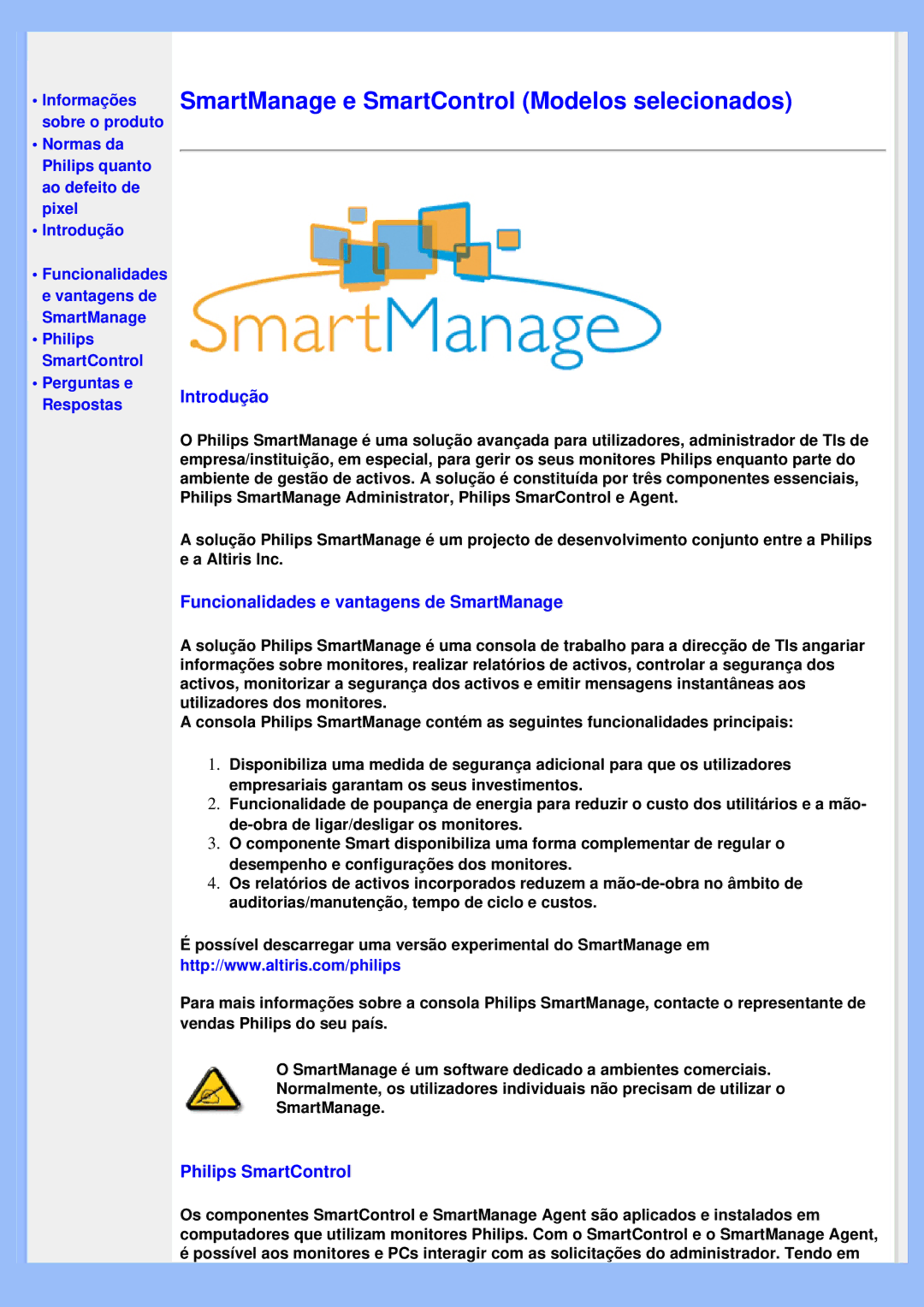 Philips 200VW8 user manual Introdução, Funcionalidades e vantagens de SmartManage, Philips SmartControl 