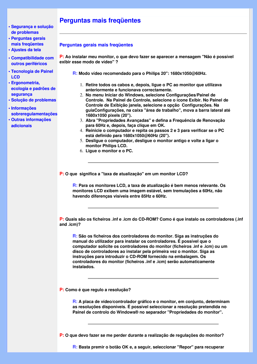Philips 200VW8 user manual Perguntas gerais mais freqüentes, Lcd 