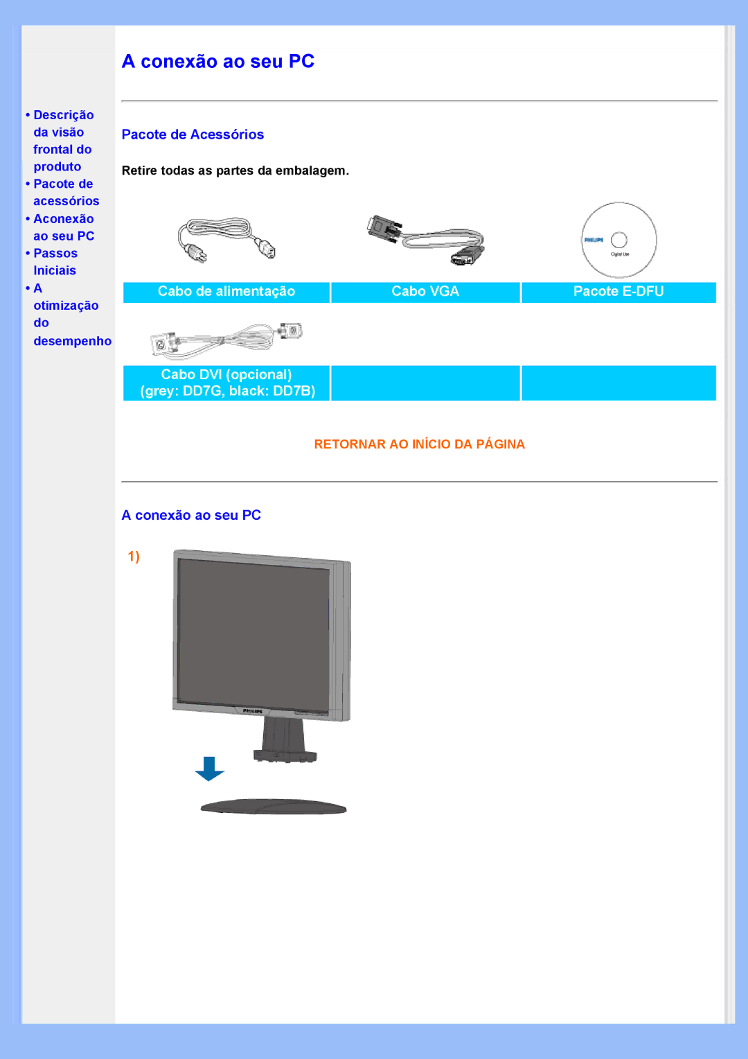 Philips 200VW8 user manual Conexão ao seu PC, Pacote de Acessórios 