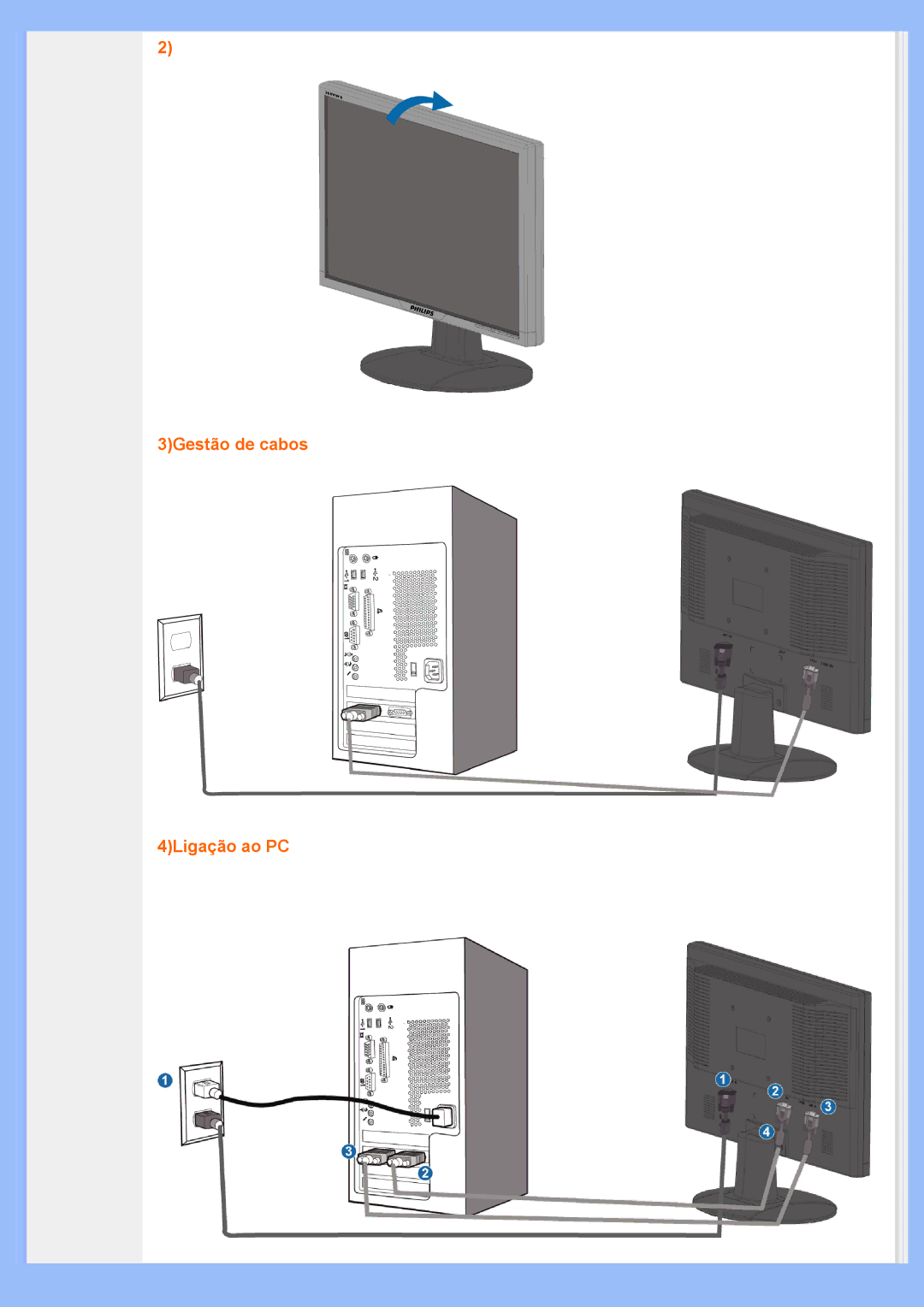 Philips 200VW8 user manual 3Gestão de cabos 4Ligação ao PC 