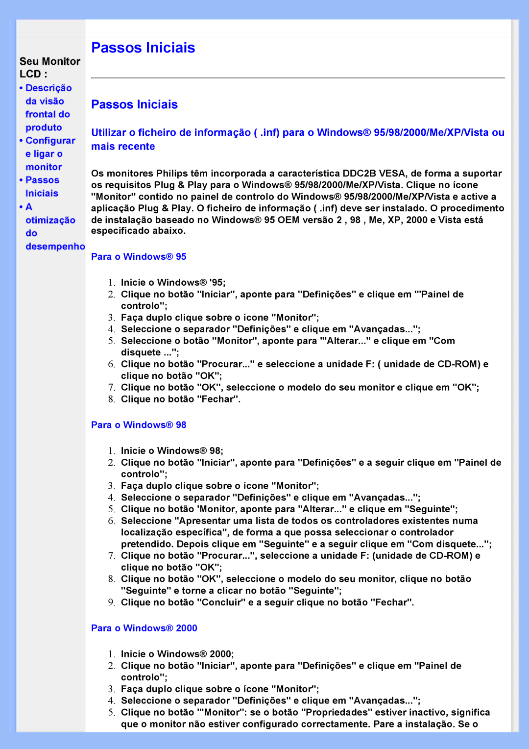 Philips 200VW8 user manual Seu Monitor LCD, Para o Windows 