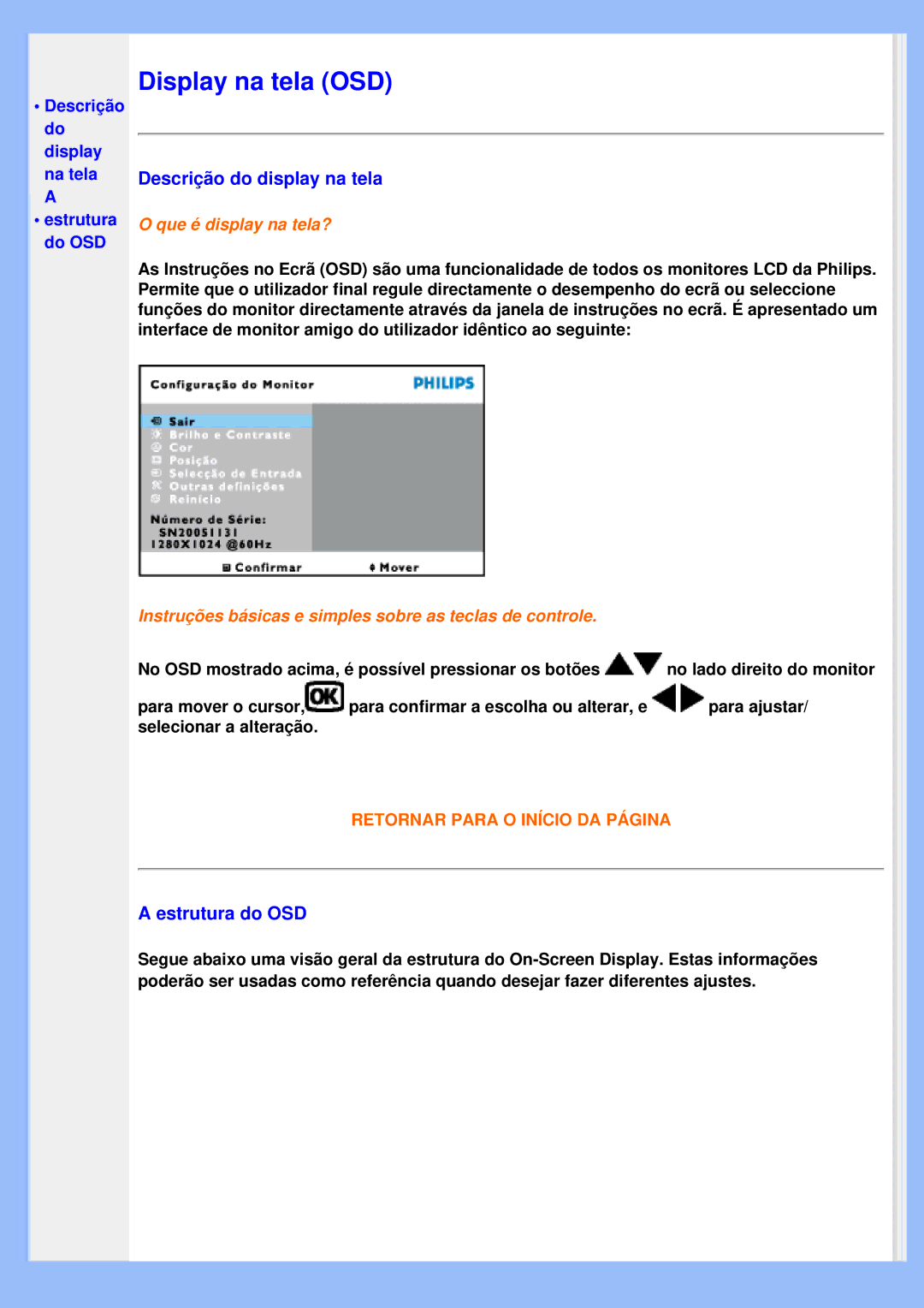 Philips 200VW8 user manual Display na tela OSD, Descrição do display na tela 