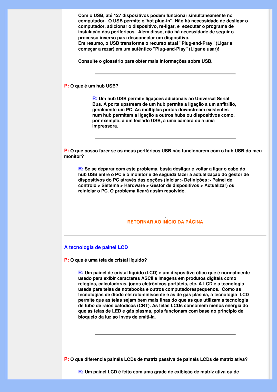 Philips 200VW8 user manual Tecnologia de painel LCD 