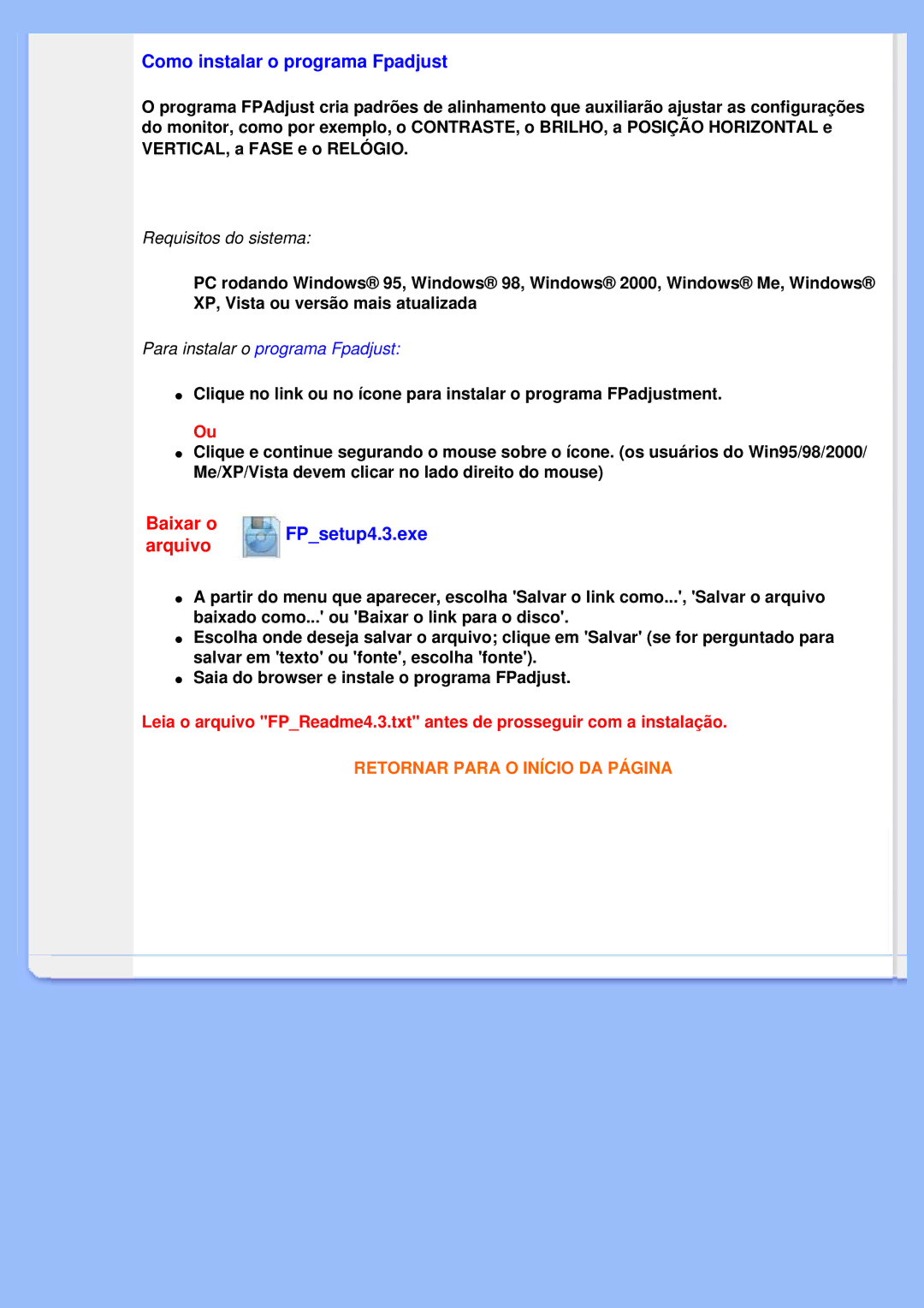 Philips 200VW8 user manual Como instalar o programa Fpadjust, FPsetup4.3.exe 