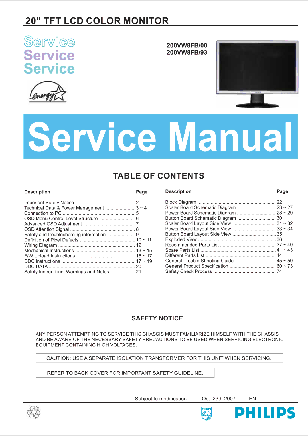 Philips 200VW8FB service manual Service 