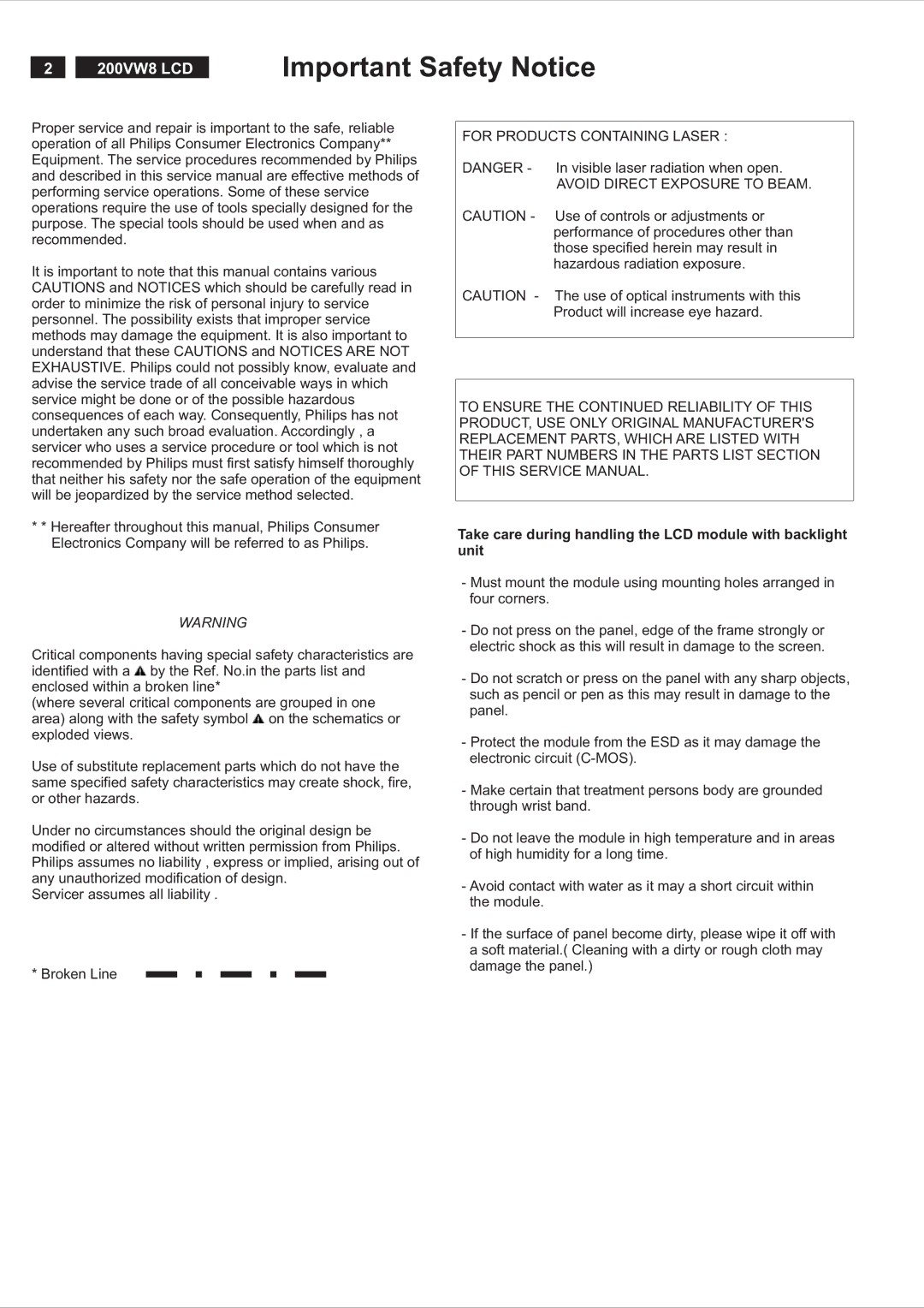 Philips 200VW8FB service manual Important Safety Notice, Take care during handling the LCD module with backlight unit 