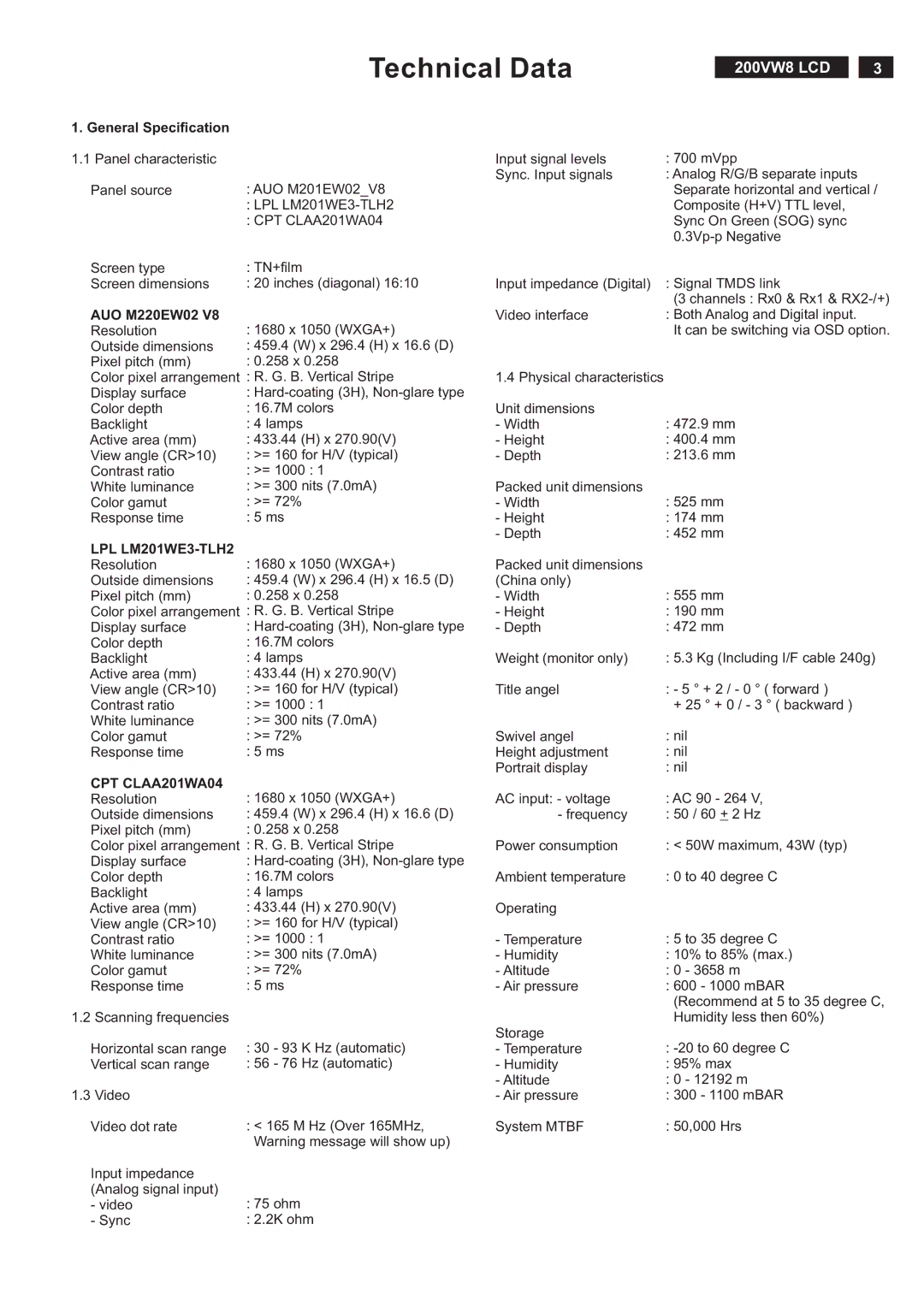 Philips 200VW8FB service manual Technical Data, General Specification 