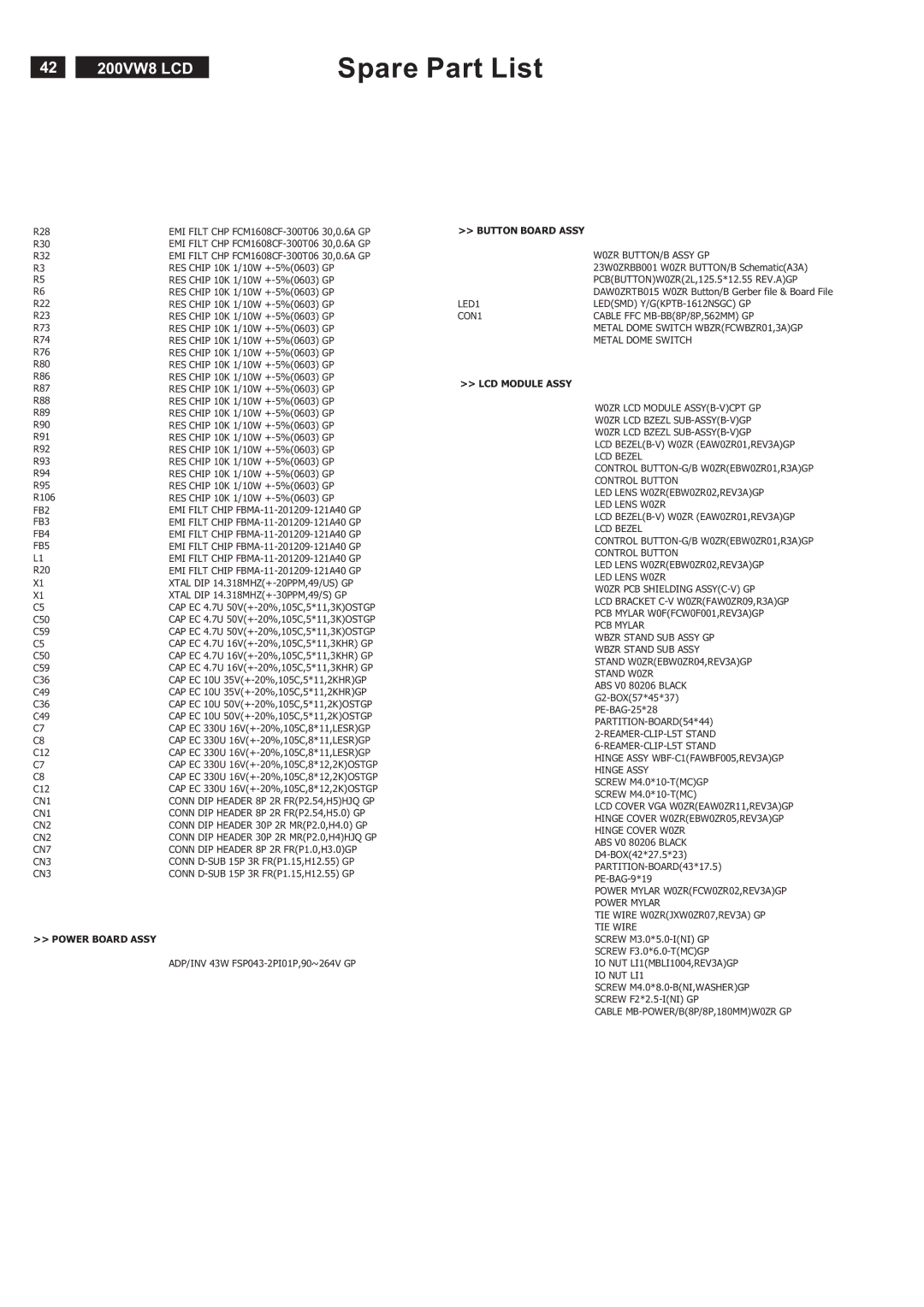 Philips 200VW8FB service manual Power Board Assy 