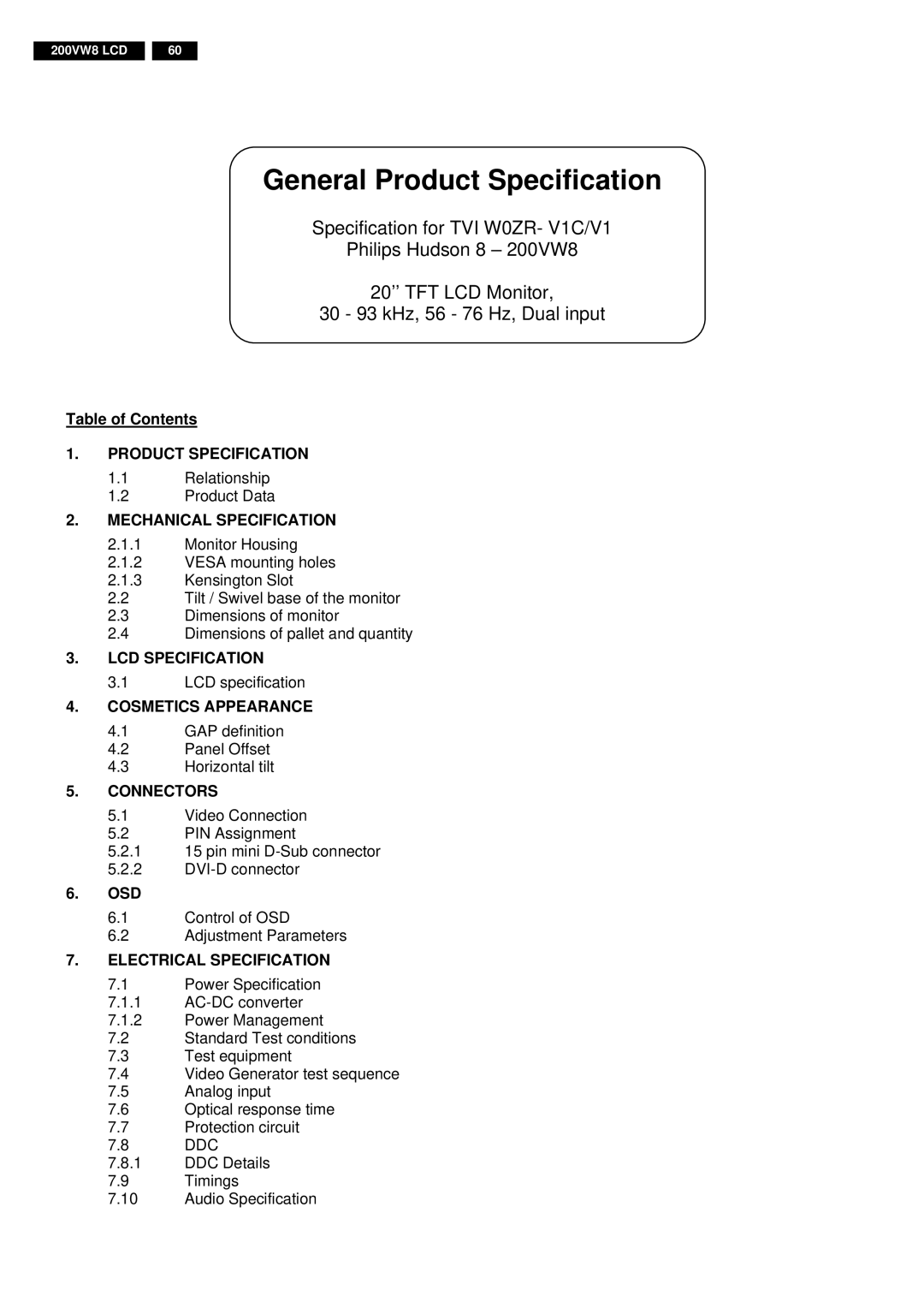 Philips 200VW8FB service manual Table of Contents, Osd 