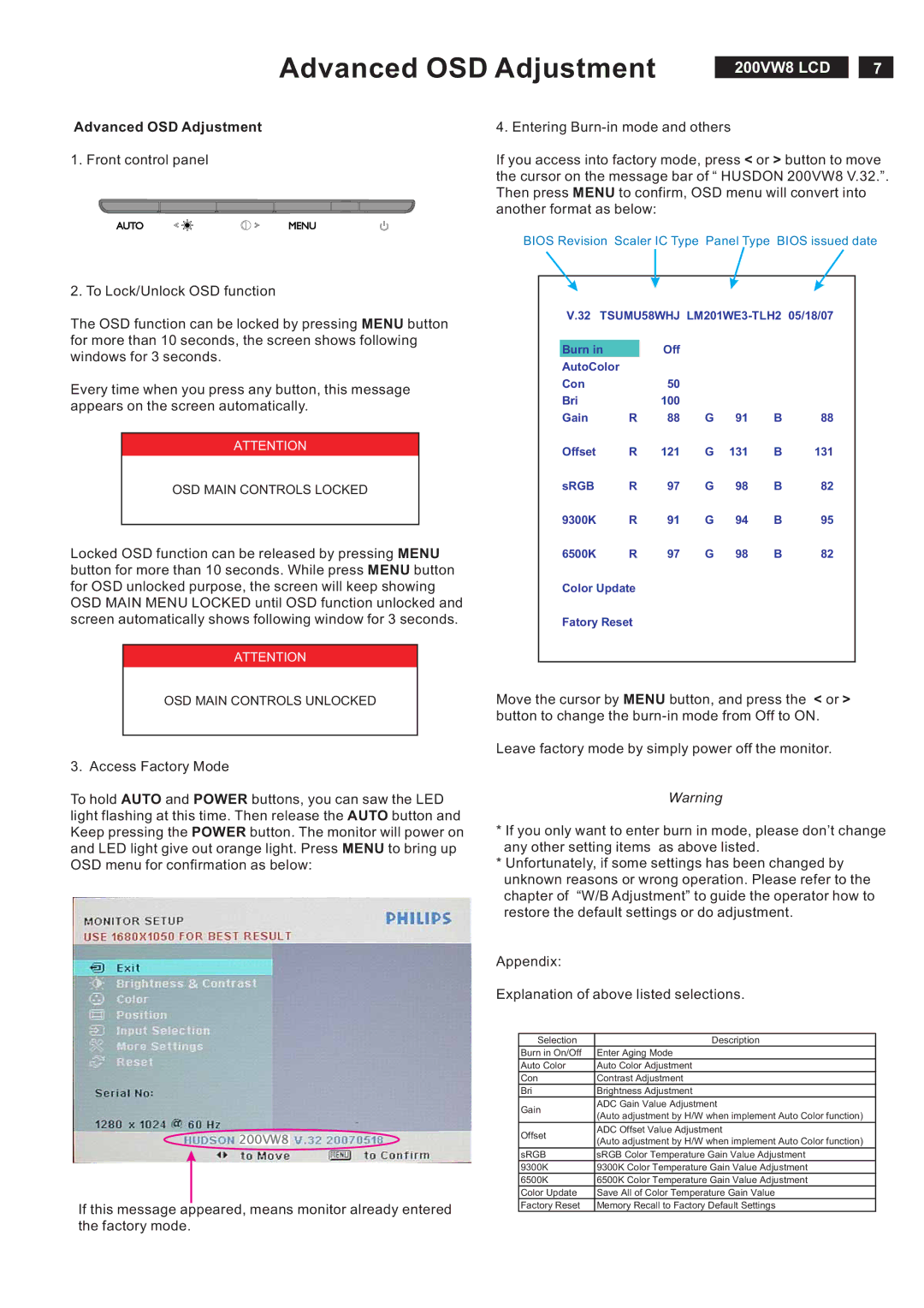 Philips 200VW8FB service manual Advanced OSD Adjustment 