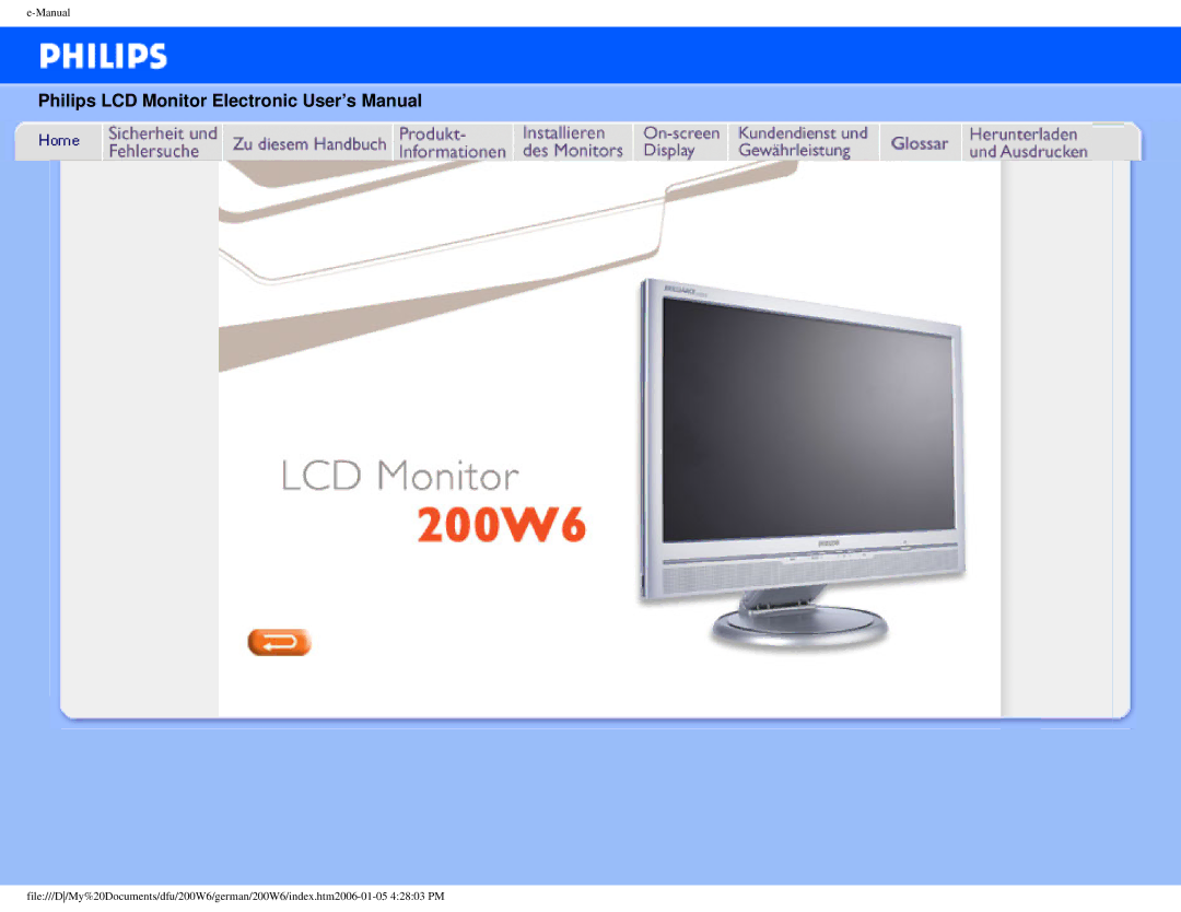 Philips 200W6 user manual Philips LCD Monitor Electronic User’s Manual 