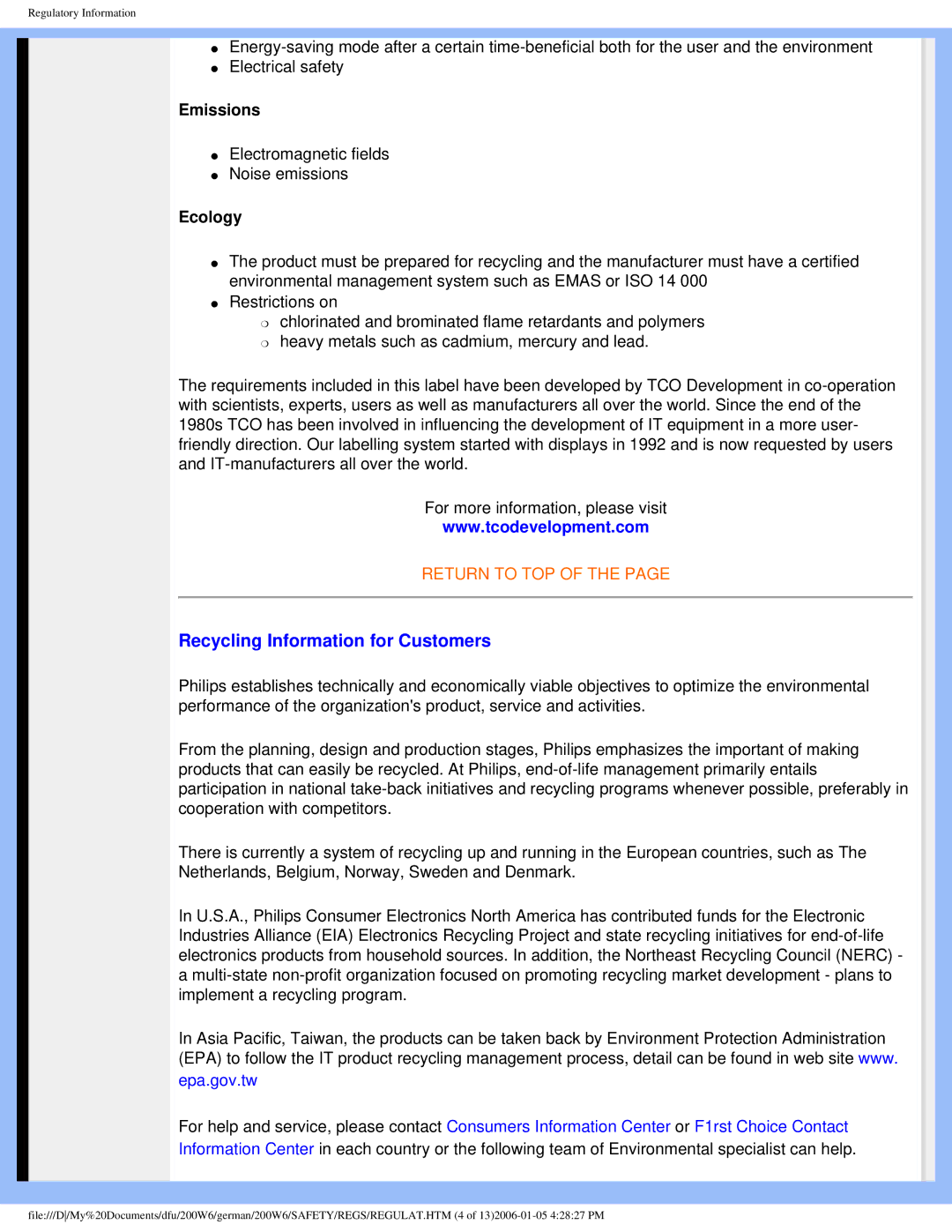 Philips 200W6 user manual Recycling Information for Customers, Emissions, Ecology 