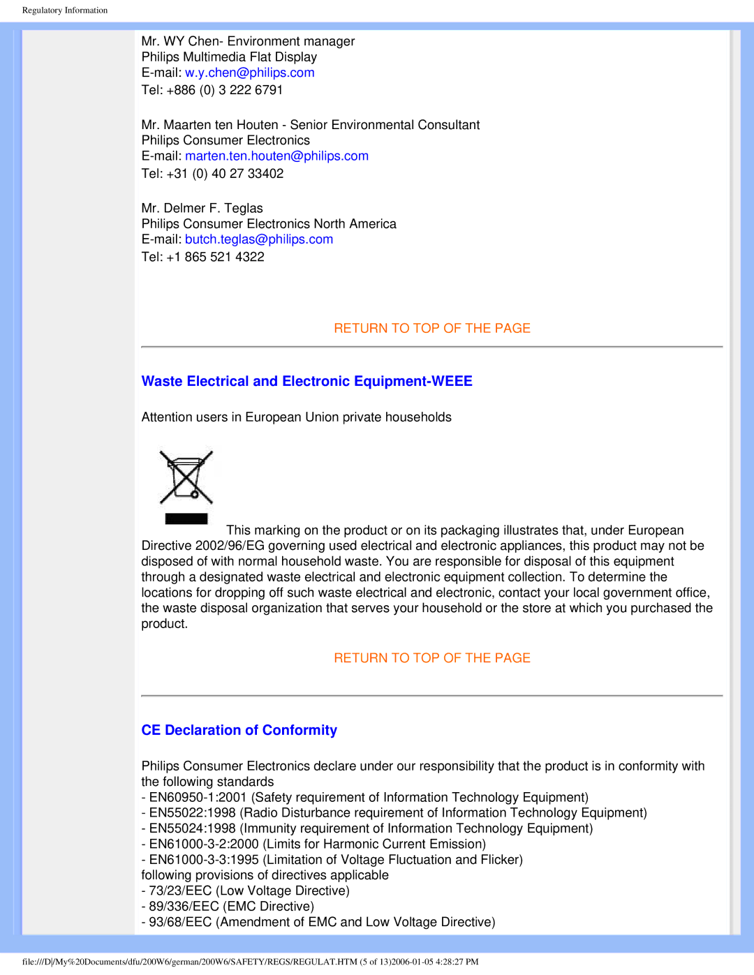 Philips 200W6 user manual Waste Electrical and Electronic Equipment-WEEE, CE Declaration of Conformity 