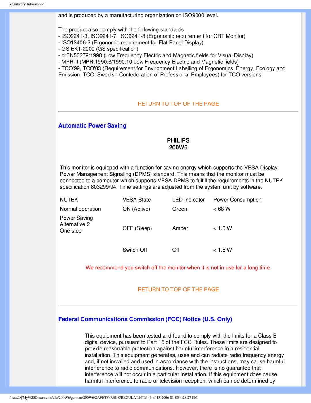 Philips 200W6 user manual Automatic Power Saving, Federal Communications Commission FCC Notice U.S. Only 