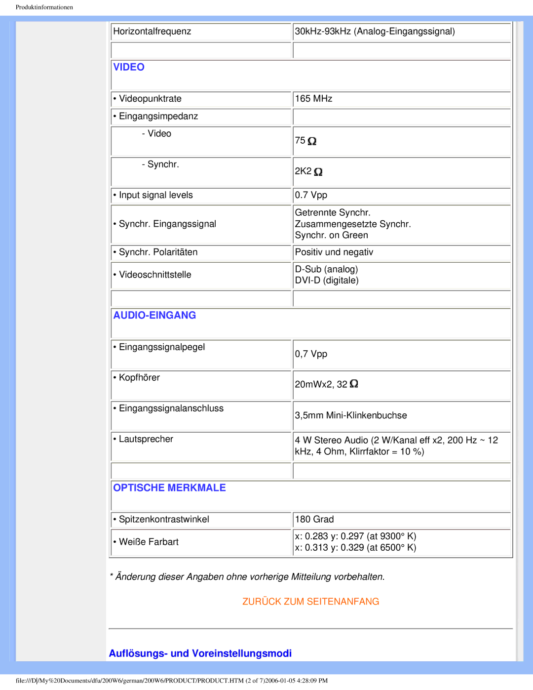 Philips 200W6 user manual Video, Auflösungs- und Voreinstellungsmodi 