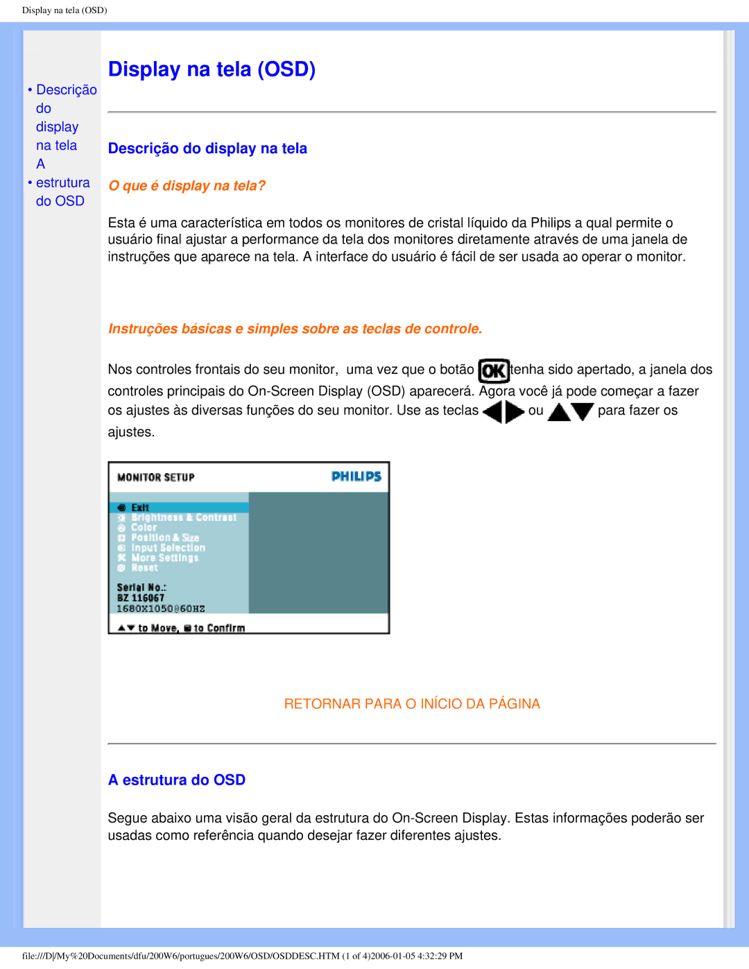 Philips 200W6 user manual Descrição do display na tela, Estrutura do OSD 