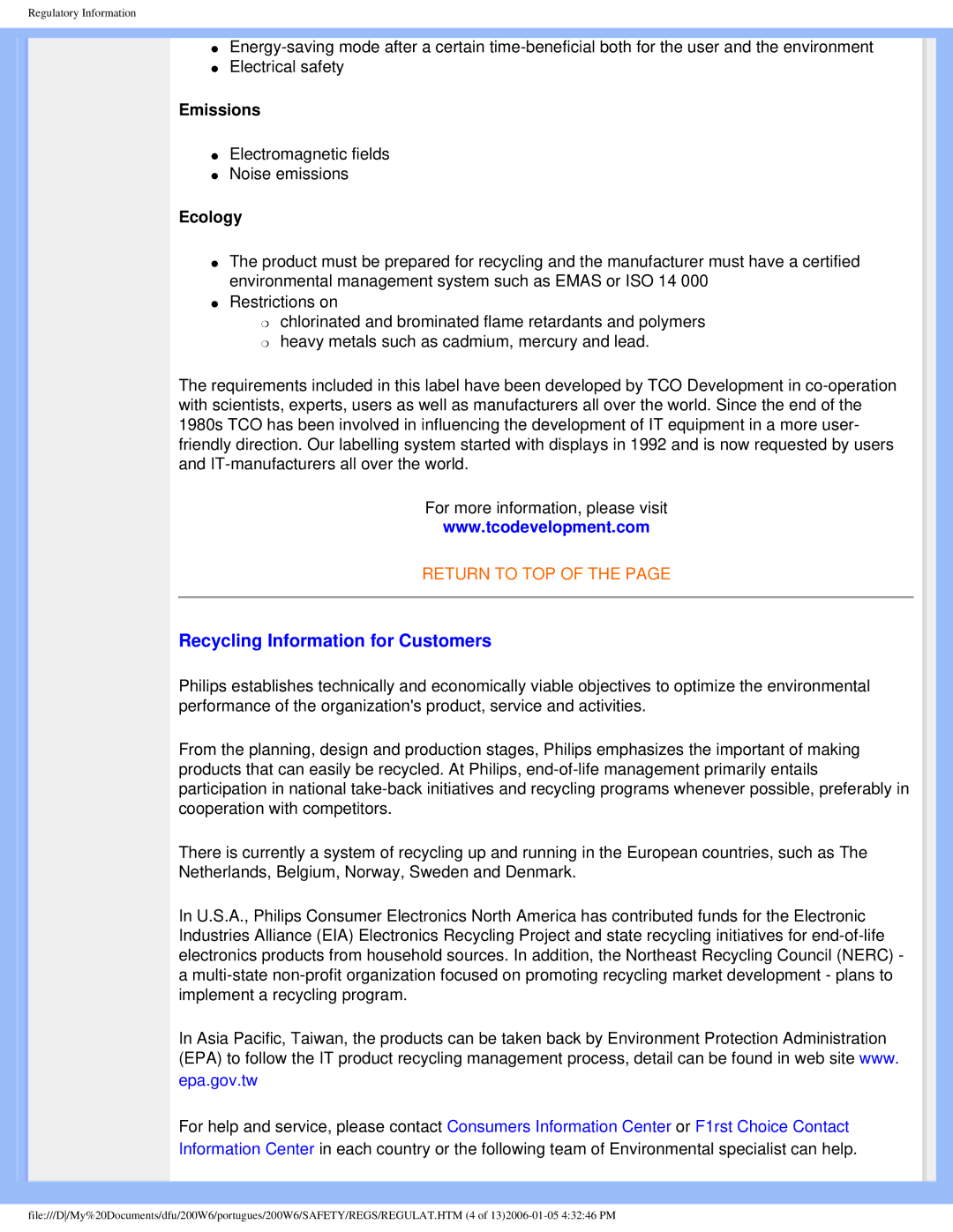 Philips 200W6 user manual Recycling Information for Customers, Emissions, Ecology 