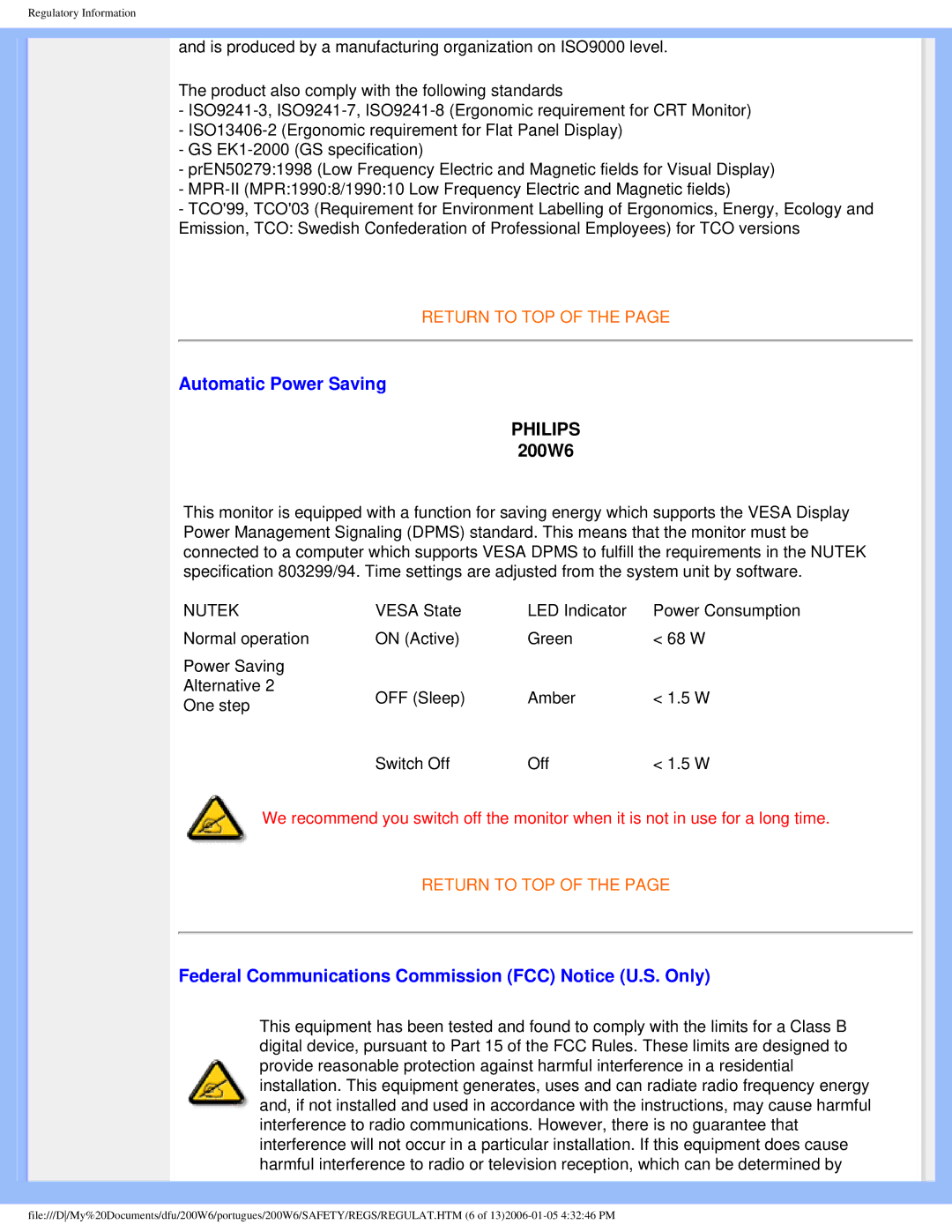 Philips 200W6 user manual Automatic Power Saving, Federal Communications Commission FCC Notice U.S. Only 
