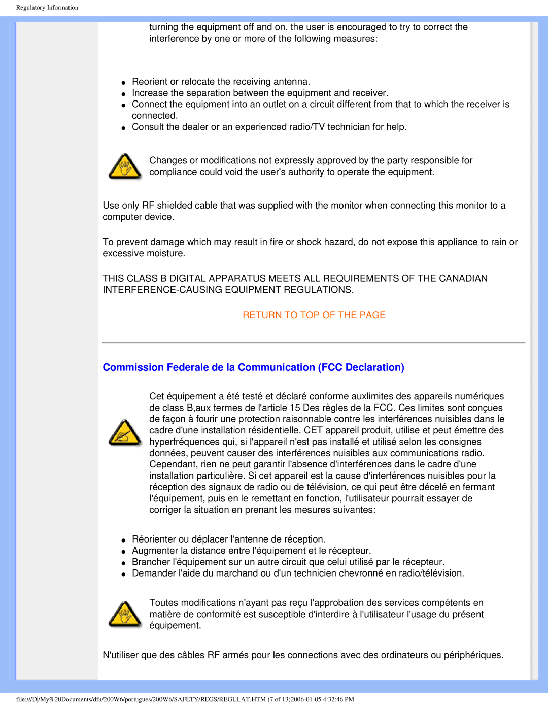 Philips 200W6 user manual Commission Federale de la Communication FCC Declaration 