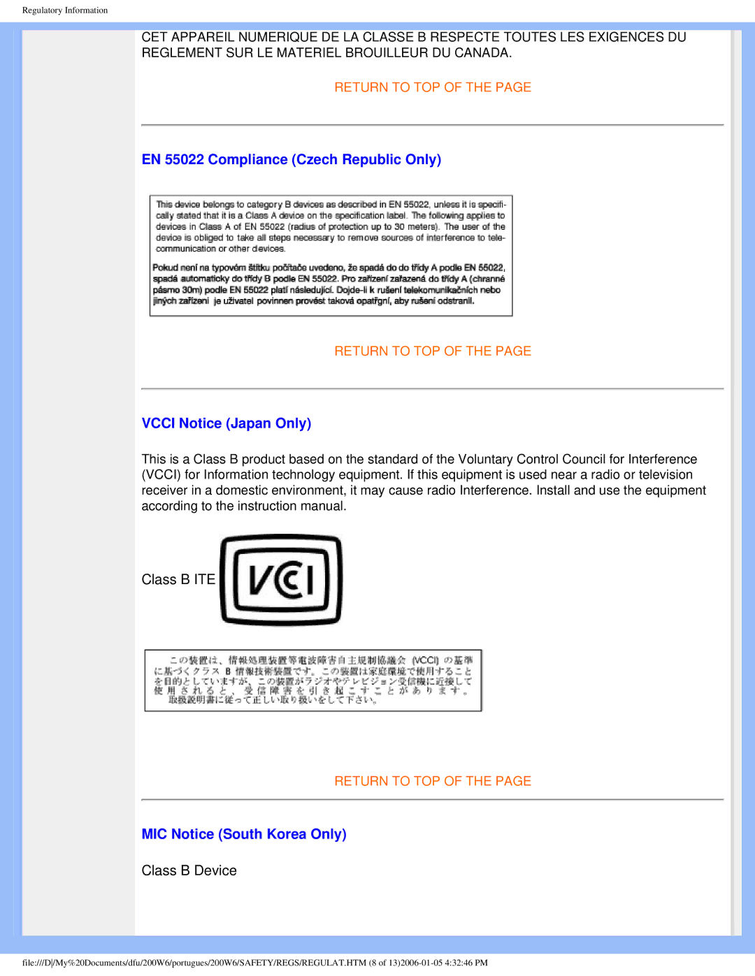 Philips 200W6 user manual EN 55022 Compliance Czech Republic Only, Vcci Notice Japan Only, MIC Notice South Korea Only 