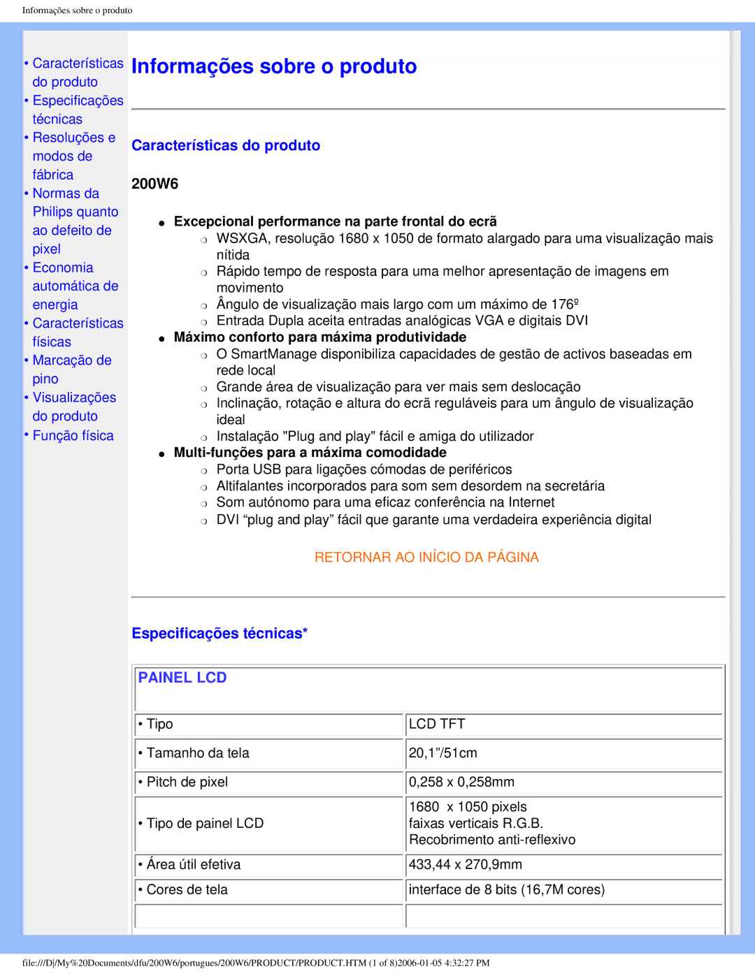 Philips 200W6 user manual Características do produto, Especificações técnicas 