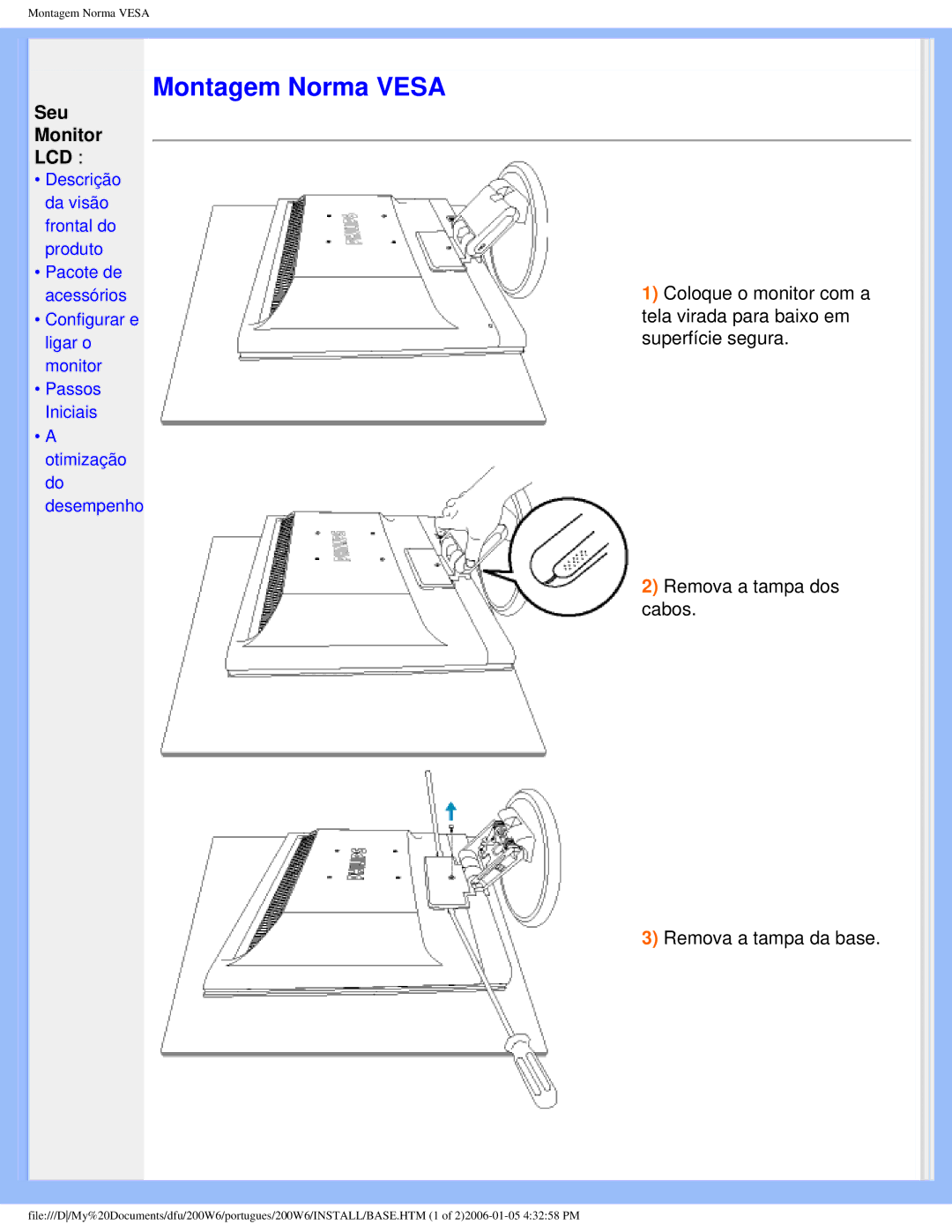 Philips 200W6 user manual Montagem Norma Vesa 