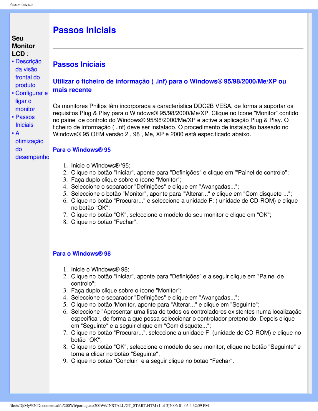 Philips 200W6 user manual Passos Iniciais, Para o Windows 