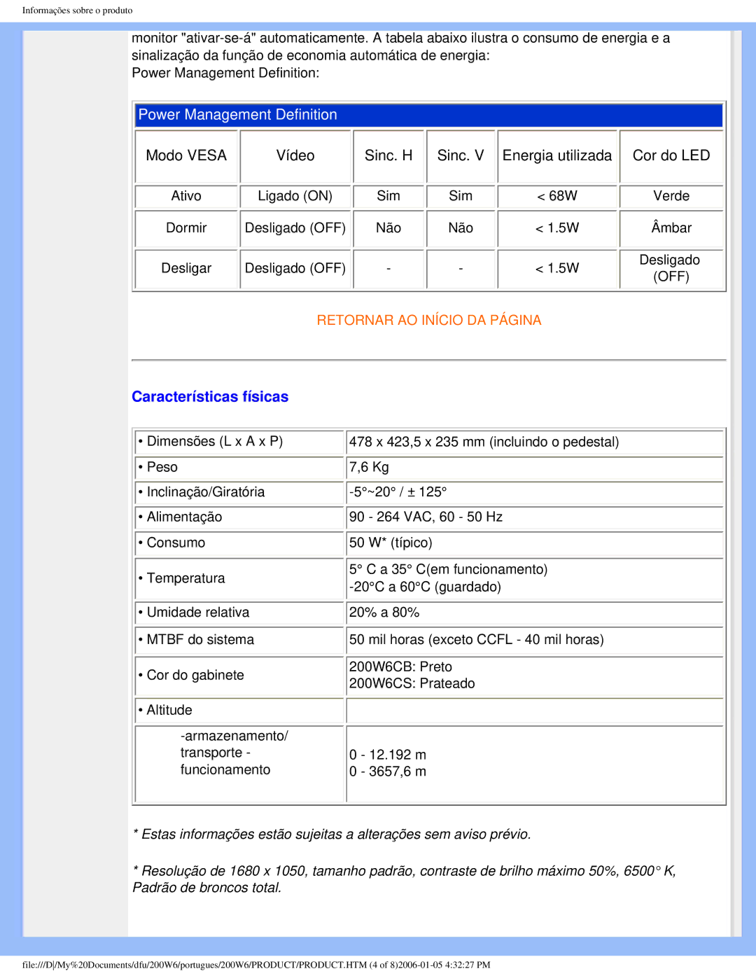 Philips 200W6 user manual Power Management Definition, Características físicas 