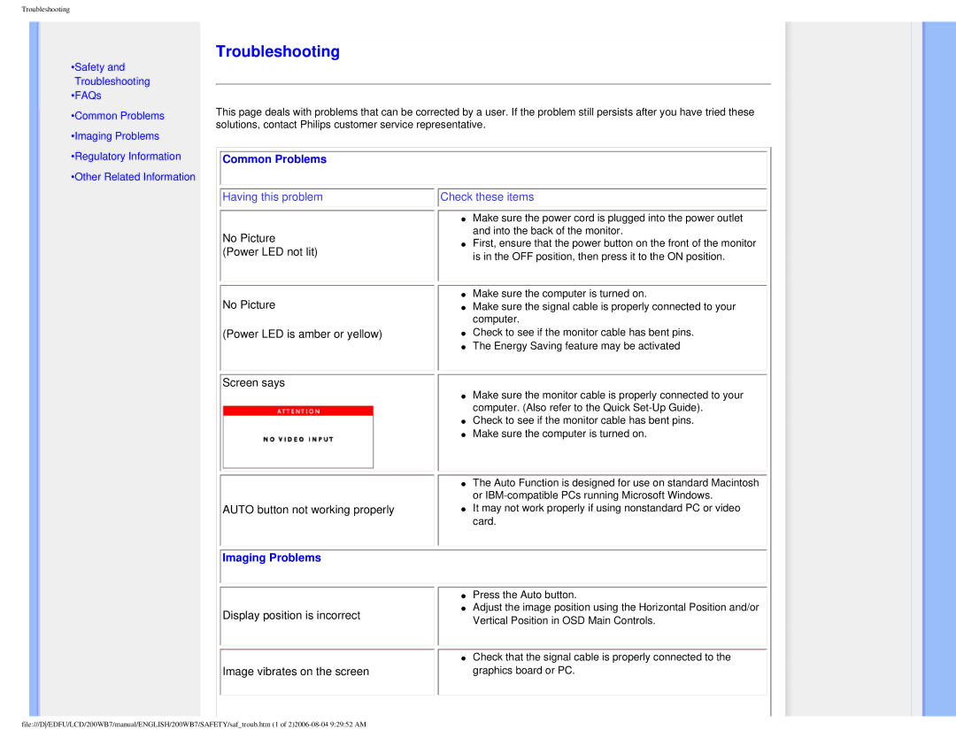 Philips 200WB7 user manual Common Problems, Imaging Problems 