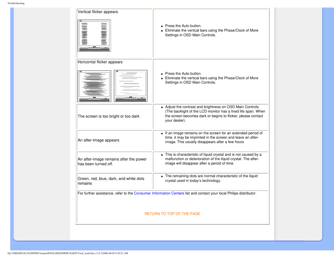 Philips 200WB7 user manual Vertical flicker appears 