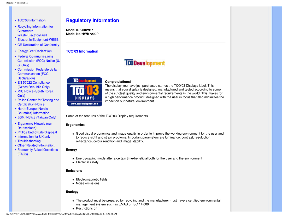 Philips 200WB7 user manual Regulatory Information, TCO03 Information 