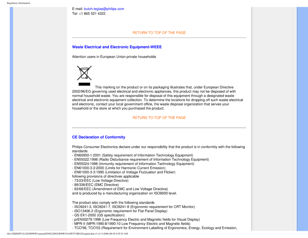 Philips 200WB7 user manual Waste Electrical and Electronic Equipment-WEEE, CE Declaration of Conformity 