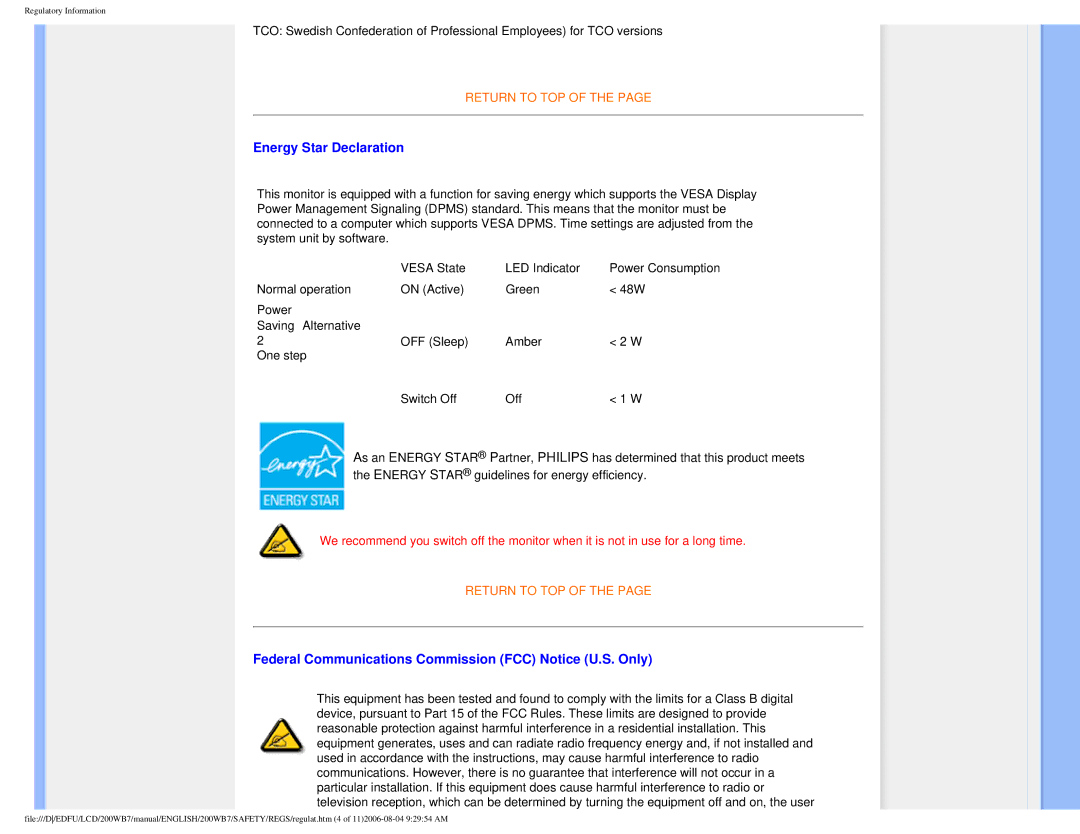 Philips 200WB7 user manual Energy Star Declaration, Federal Communications Commission FCC Notice U.S. Only 