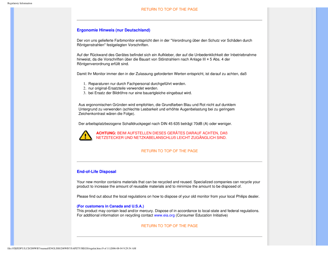 Philips 200WB7 user manual Ergonomie Hinweis nur Deutschland, End-of-Life Disposal 