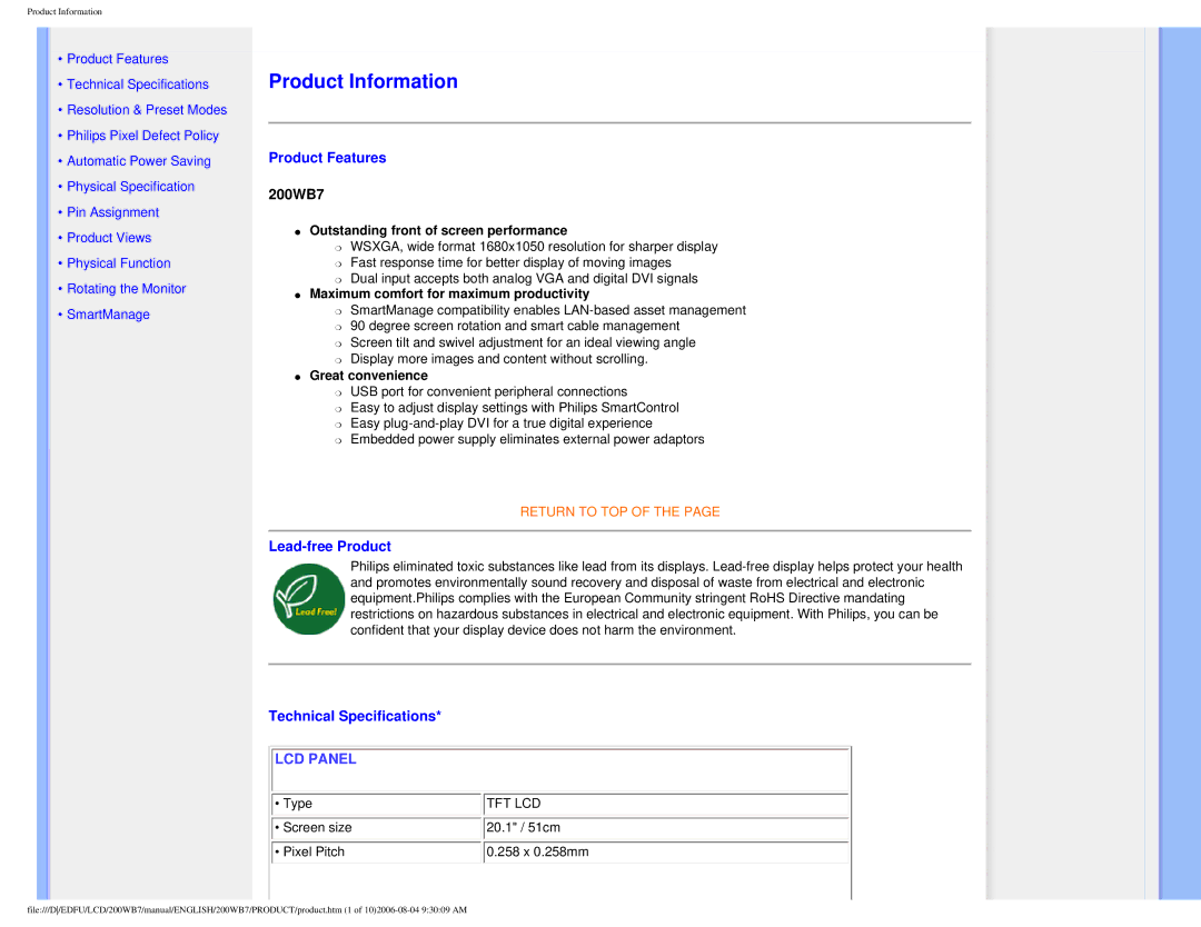 Philips 200WB7 user manual Product Features, Lead-free Product, Technical Specifications 