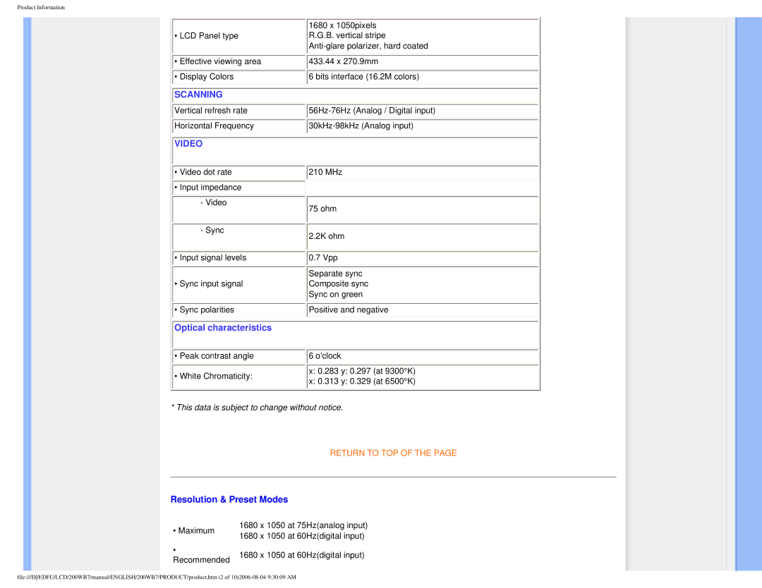 Philips 200WB7 user manual Video, Resolution & Preset Modes 