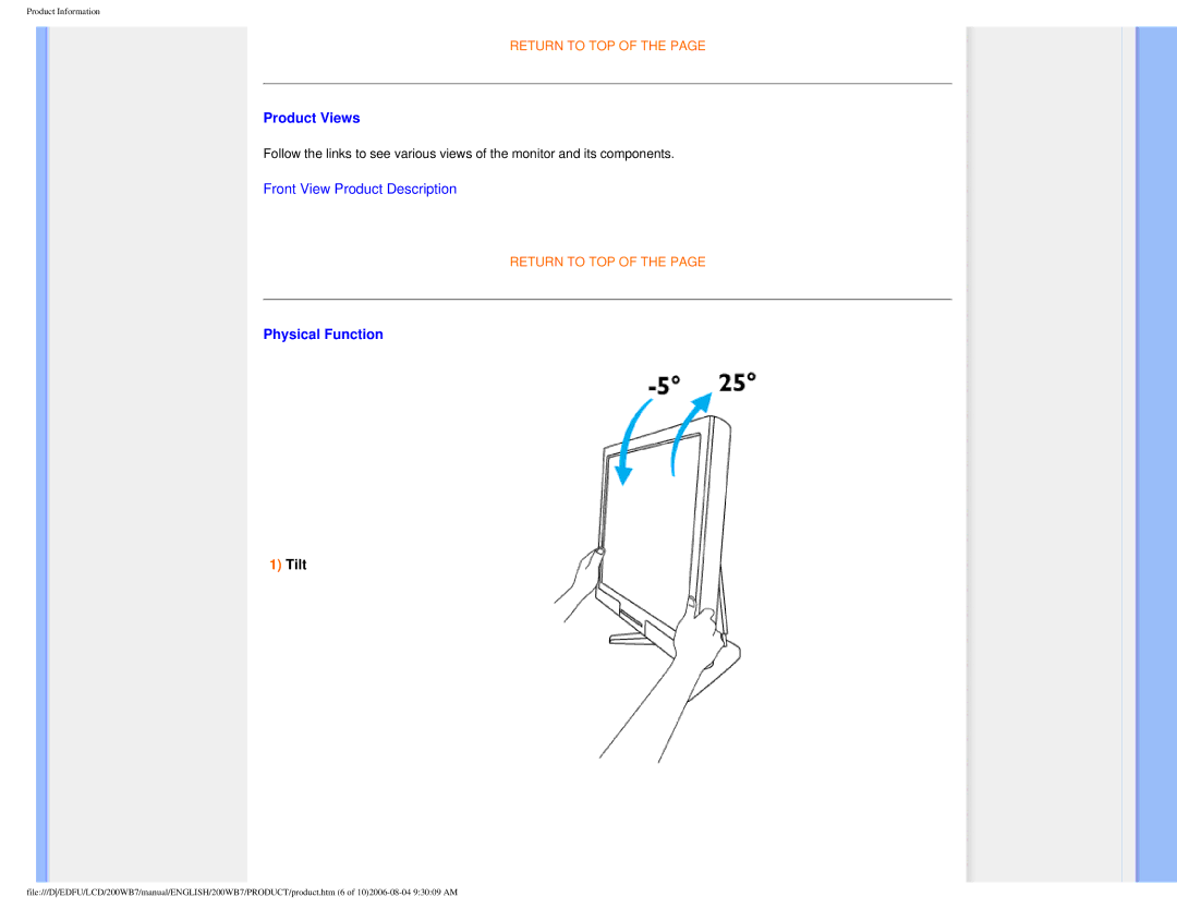 Philips 200WB7 user manual Product Views, Physical Function, Tilt 