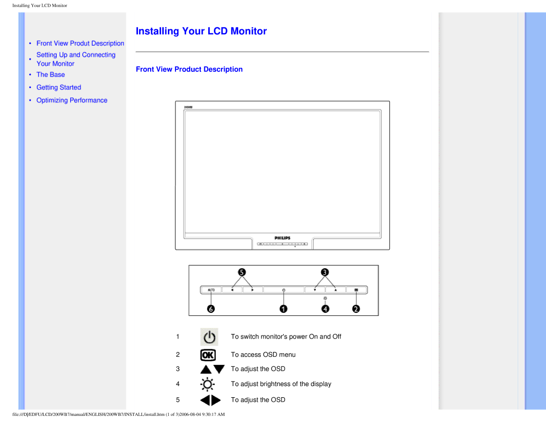 Philips 200WB7 user manual Installing Your LCD Monitor, Front View Product Description 