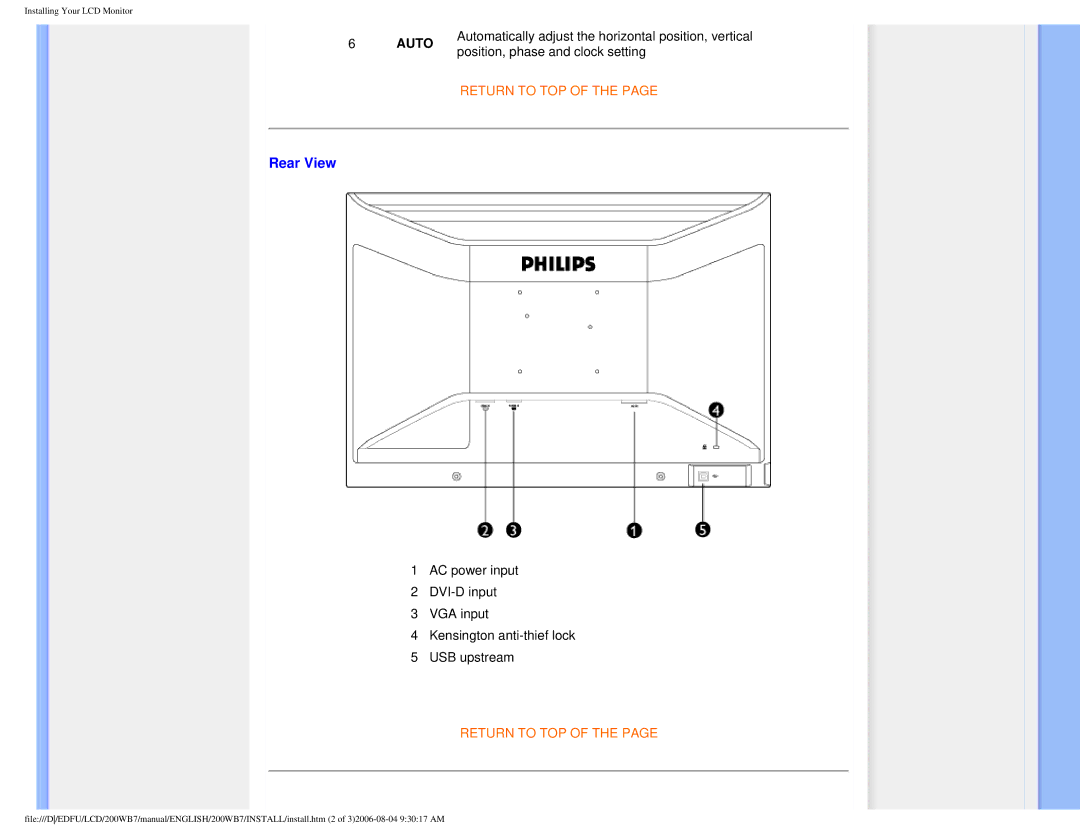 Philips 200WB7 user manual Rear View, Auto 